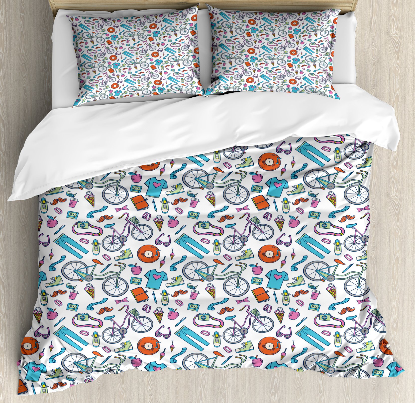 Ambesonne Vintage Bicycle Duvet Cover Set - King Size 3-Piece Bedding with 2 Pillow Shams, Hipster Decor in Dark Salmon Blue | Perfect for Bohemian Bedrooms, Dorm Rooms & Cycling Enthusiast Gifts
