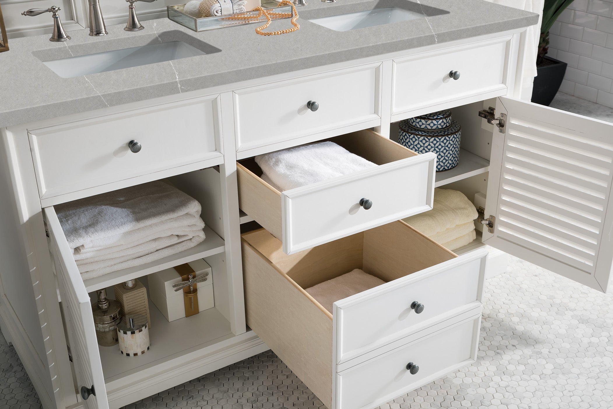Savannah 60 Inch Double Vanity Cabinet with 3CM Eternal Serena Quartz Top - Bright White Bathroom Vanity for Master Bath & Guest Bath Remodel - Durable & Stylish Bathroom Storage Solution