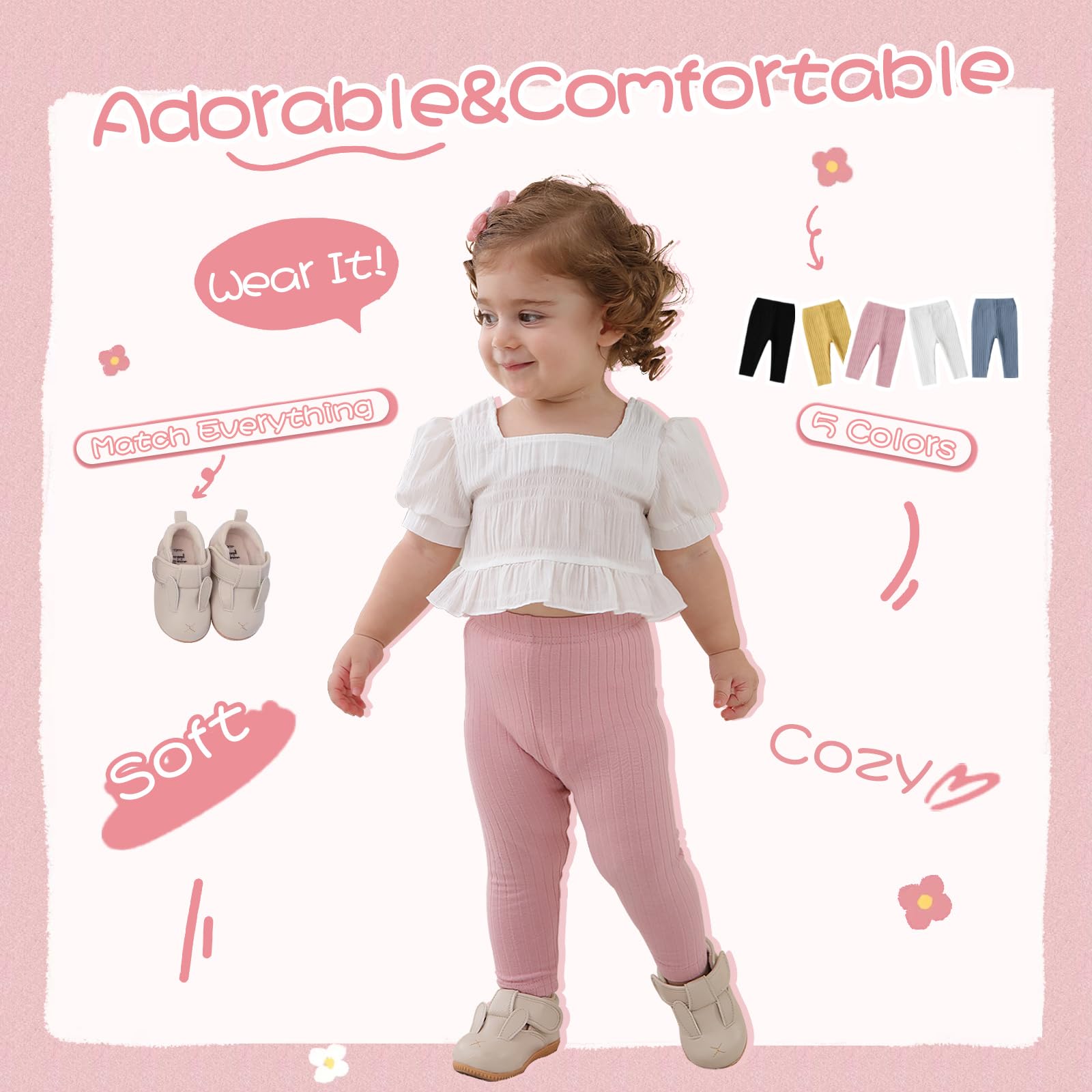 Newborn Baby Girl Pants Leggings - Ribbed Straight Flare Bell Bottoms (5-Pack) | Soft Stretchy Infant Toddler Leggings for Playtime, Daycare & Photo Shoots