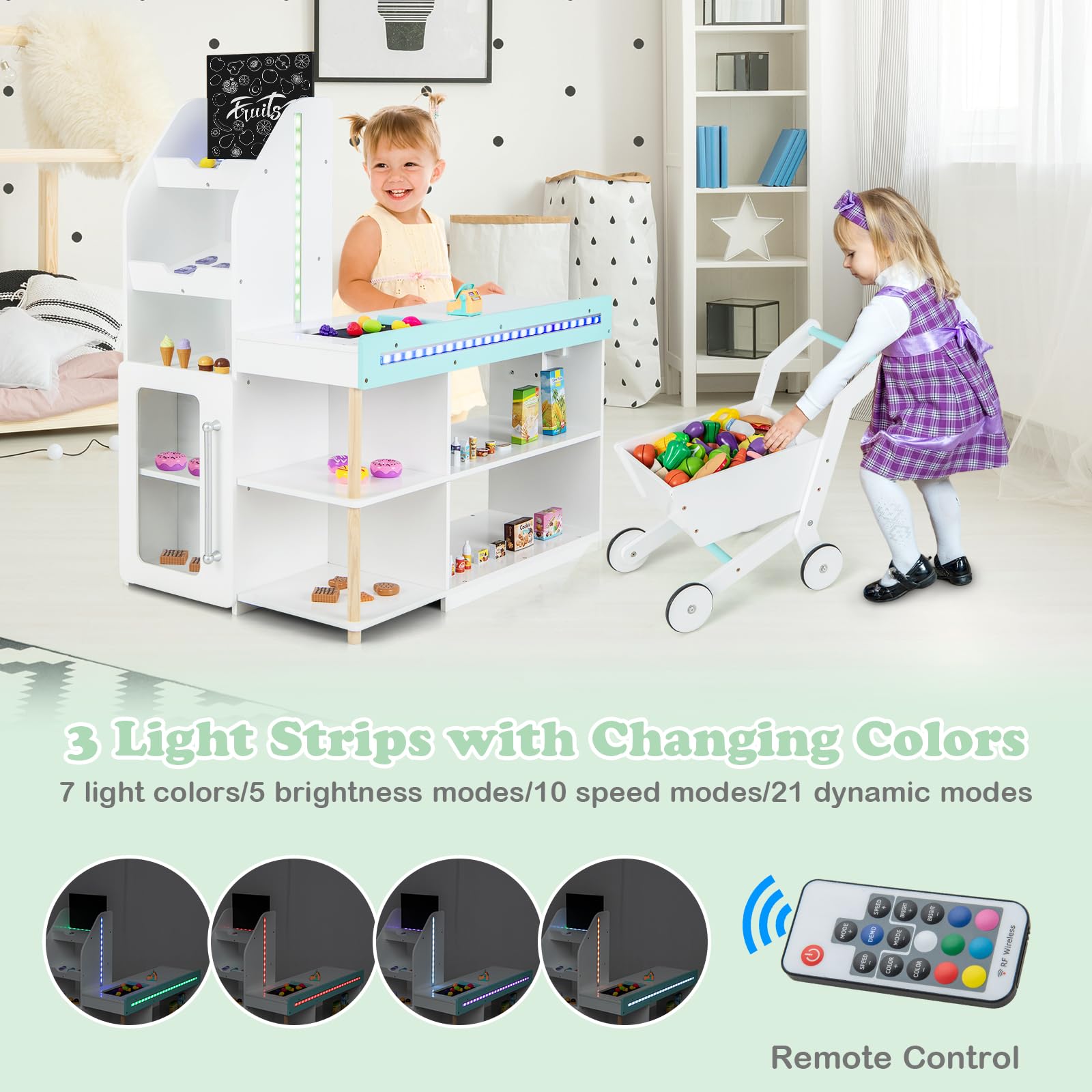 HONEY JOY Kids Wooden Grocery Store Playset with Cash Register & Working Conveyor Belt - Pretend Play Supermarket Toy with Checkout Counter, Lights & Food Accessories - Educational Role Play for Toddler Boys & Girls (White) - Perfect for Home, Classroom & Daycare Pretend Play Activities
