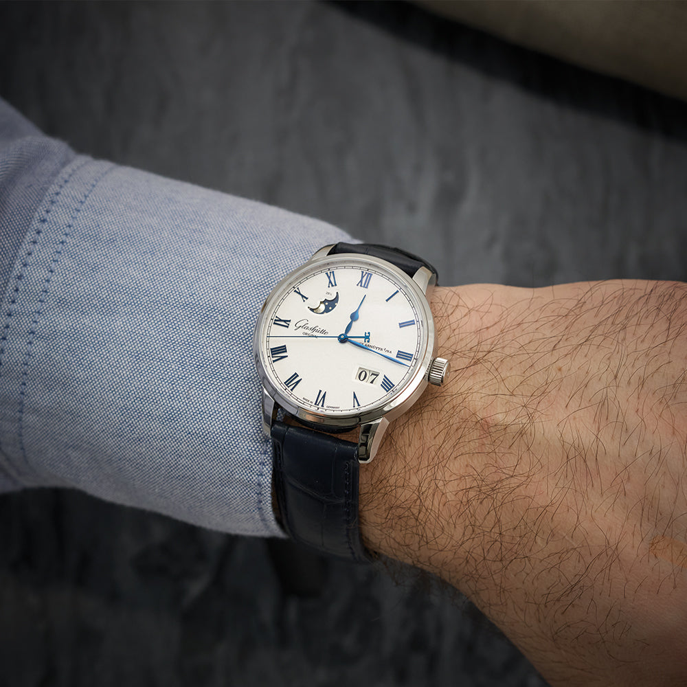 Senator Excellence Panorama Date Moon Phase 40mm Silver Leather Strap Watch | Luxury Dress Watch for Business & Formal Occasions