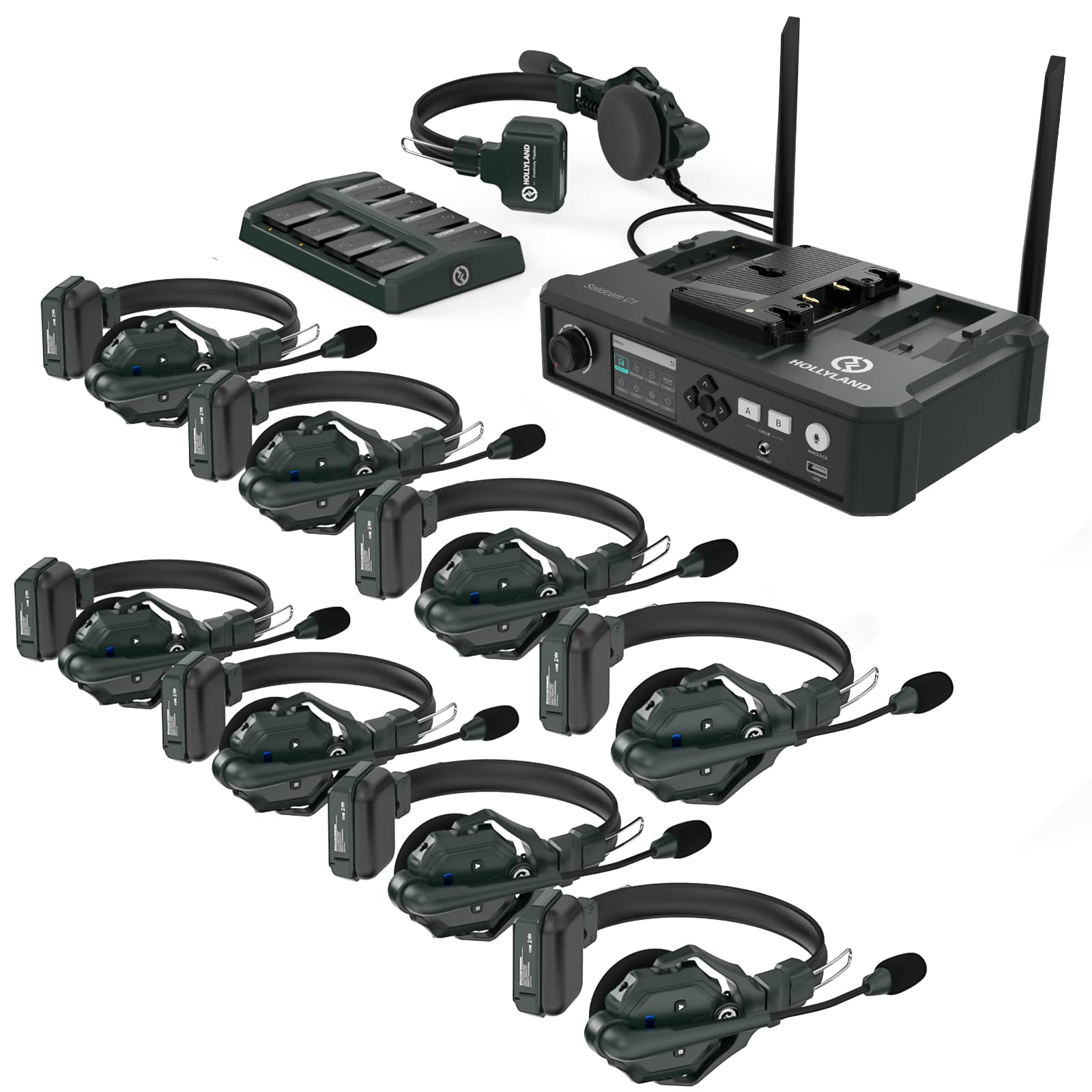 Hollyland Solidcom C1 Wireless Headset Intercom System - 9-Person Full-Duplex Communication, 1.9GHz Frequency, Base Station & 9 Headsets, AB Grouping, Cloud Meeting, Expandable Connection - Perfect for Team Communication, Events, Conferences, and Business Meetings