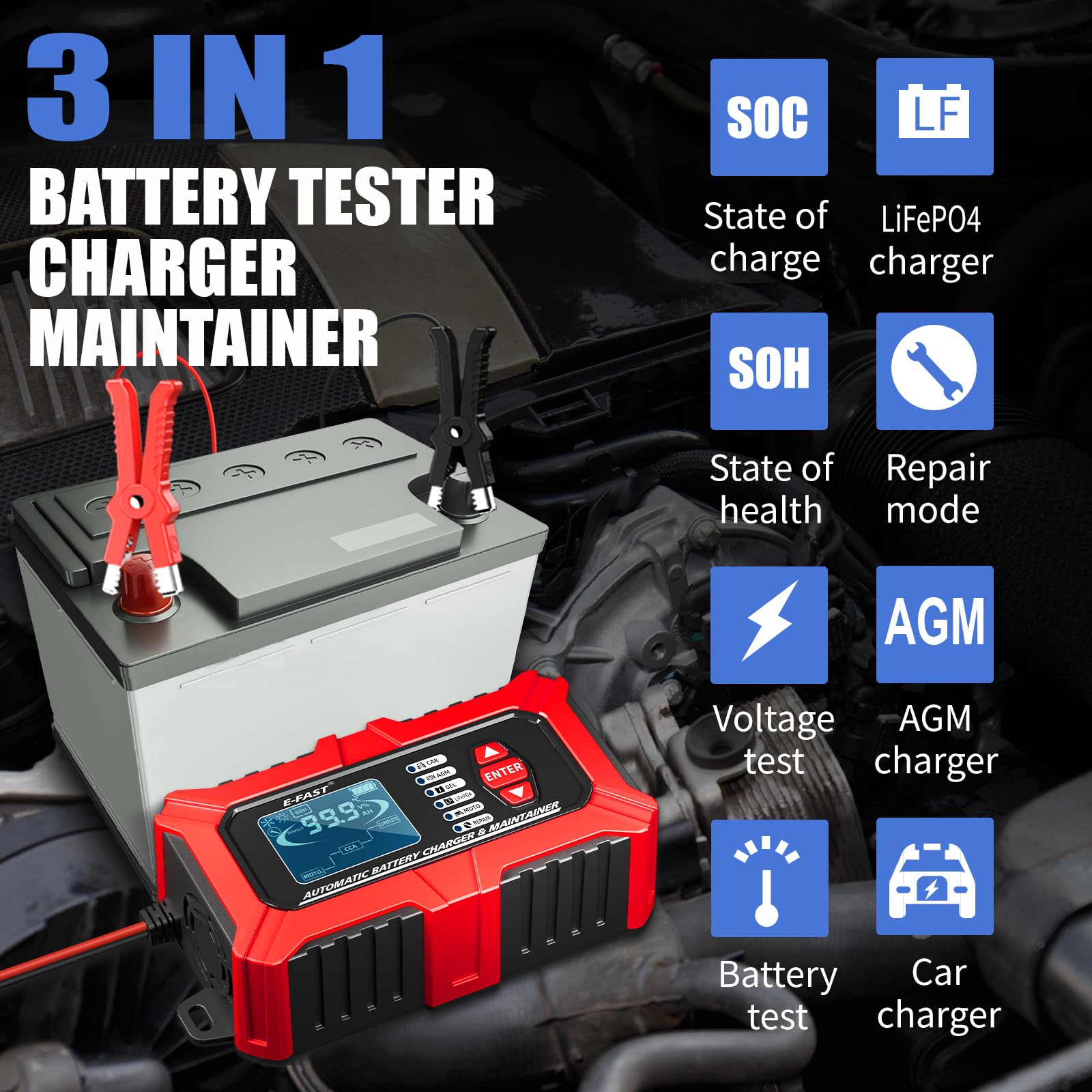 E-FAST 3-in-1 12V 6A Car Battery Charger, Battery Tester & Maintainer with Pulse Repair - Digital Auto Battery Analyzer for LiFePO4/Lead Acid Batteries (40-999 CCA) - Perfect for Automotive, RV, Boat & Motorcycle Battery Maintenance