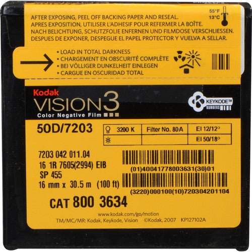 Kodak VISION3 50D 16mm Color Negative Film 7203 - 100' Roll Single Perf for Professional Cinematography & Film Production