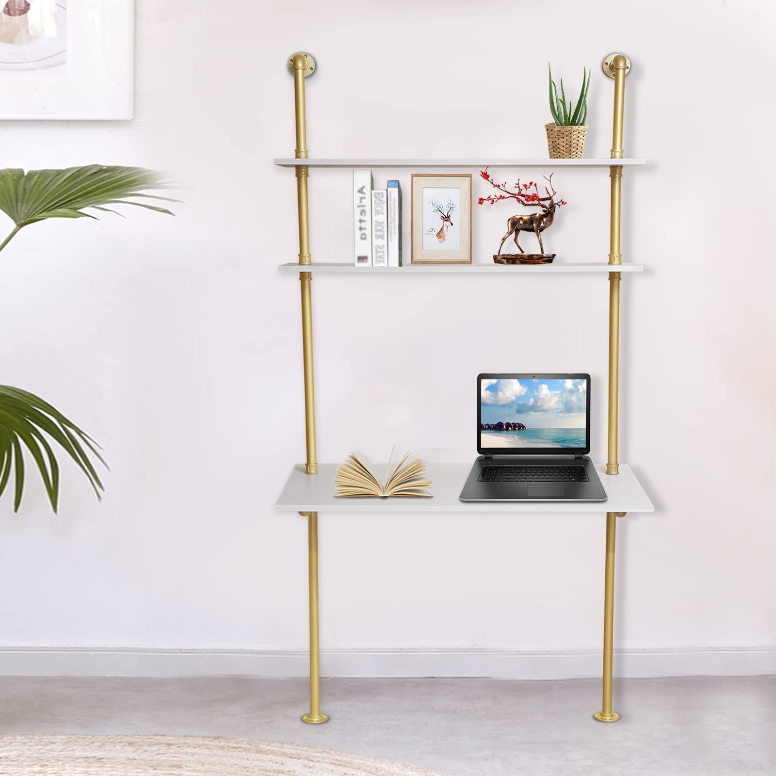 TFCFL Wall Mounted Ladder Desk with 2-Tier Storage Shelves - Modern Floating Computer Desk, Writing Table & Bookshelf for Home Office - Perfect Space-Saving Solution for Small Rooms, Dorm & Workspaces