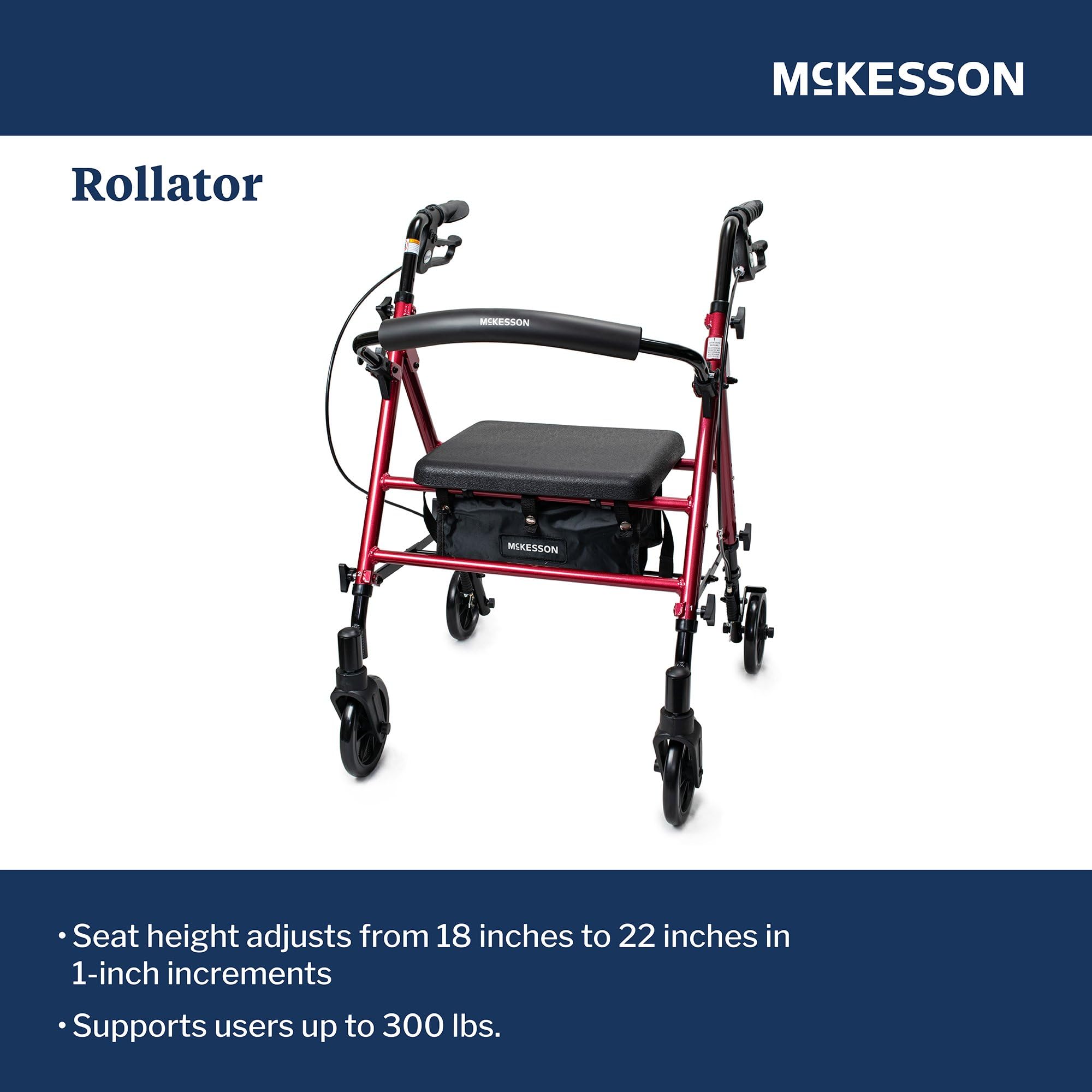 McKesson Lightweight Rollator Walker with Wheels, Seat & Storage Bag - Adjustable Height for Seniors & Adults - Foldable Mobility Aid for Indoor & Outdoor Use