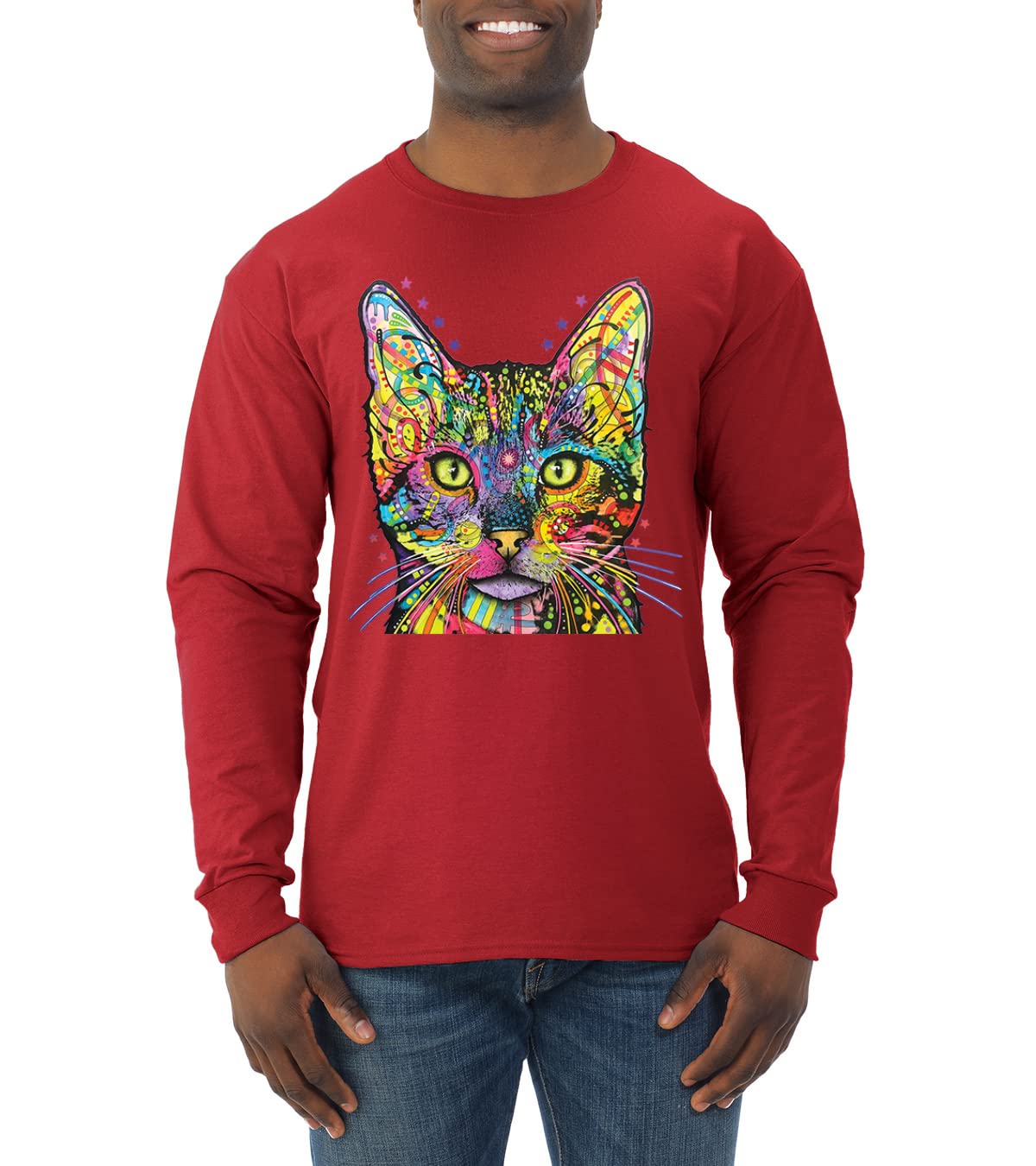 Dean Russo Art Cat Lover T-Shirt - Colorful Cat Mom & Dad Graphic Long Sleeve Shirt for Men - Perfect Gift for Pet Owners & Animal Lovers