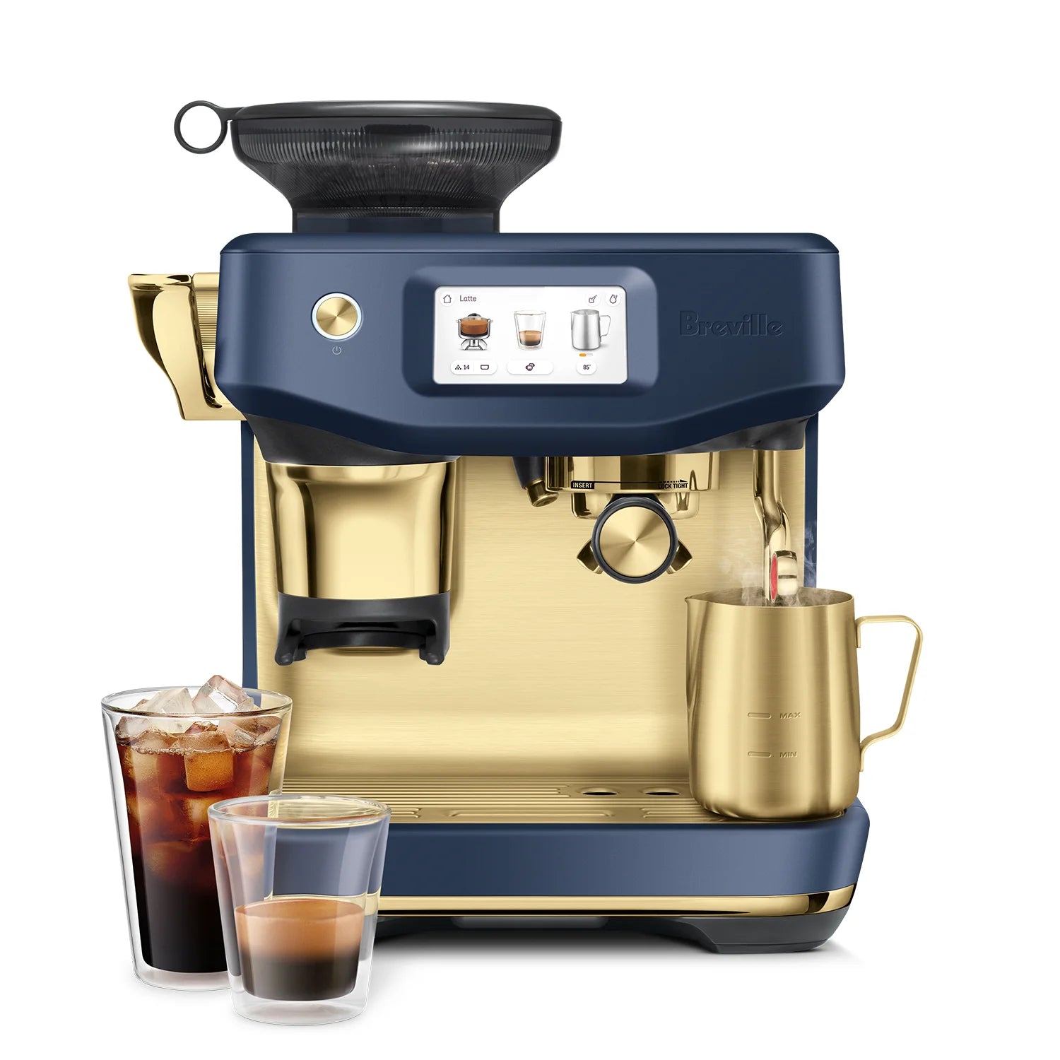 Breville Barista Touch Impress Automatic Espresso Machine with Built-in Grinder - Damson Blue & Brass Finish (Model BES881DBB) | Perfect for Home Baristas & Coffee Enthusiasts | Ideal for Espresso, Latte & Cappuccino Making
