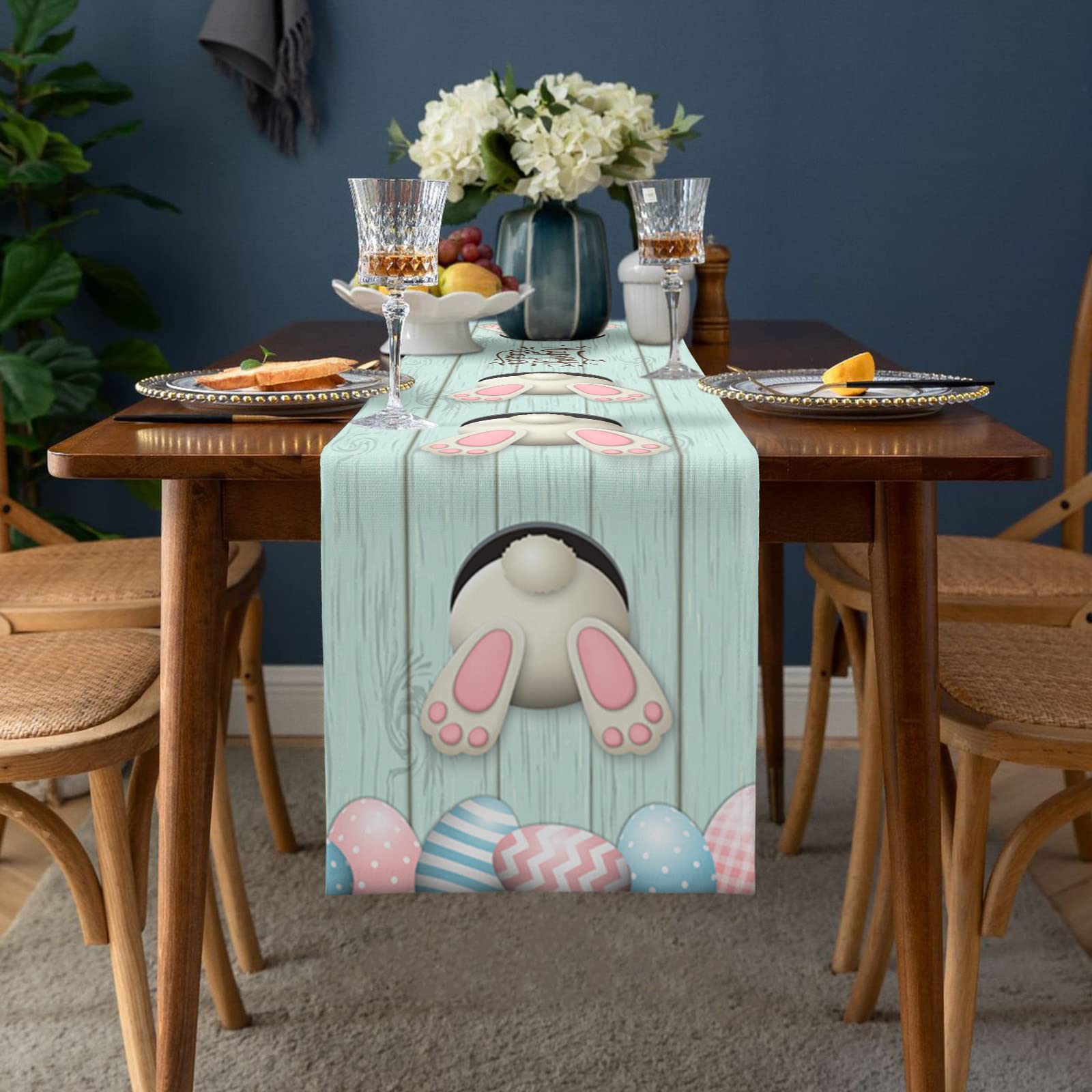 Easter Cotton Linen Table Runner - Bunny Tail Easter Eggs & Spring Flowers Design - 13x90 Inch Farmhouse Kitchen Decor for Dining Table, Holiday Parties & Dinner Decoration - Perfect for Easter Celebrations, Spring Gatherings & Farmhouse Style Home Decor
