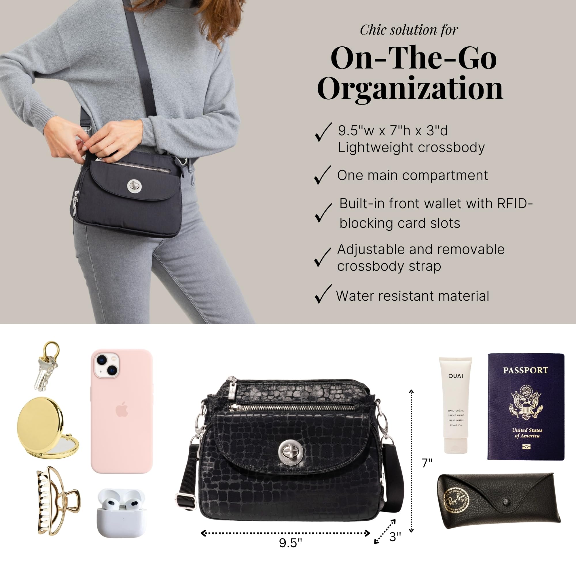 Baggallini Calais Crossbody Bag for Women - Lightweight Water-Resistant Travel Purse with RFID Protection & Interior Pockets (10x7 inches) - Perfect for Everyday Use, Commuting, and Travel