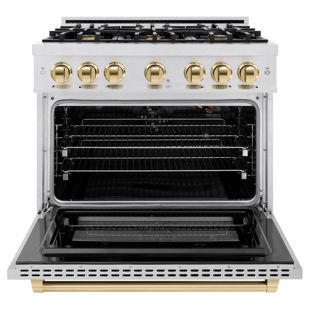 ZLINE Autograph Edition 36 Inch 5.2 Cu Ft Gas Range with 6 Burner Cooktop & Convection Oven - Satin Stainless Steel with Gold Accents (HGRSZ 36 G) - Professional Kitchen Appliance for Home Chefs & Cooking Enthusiasts