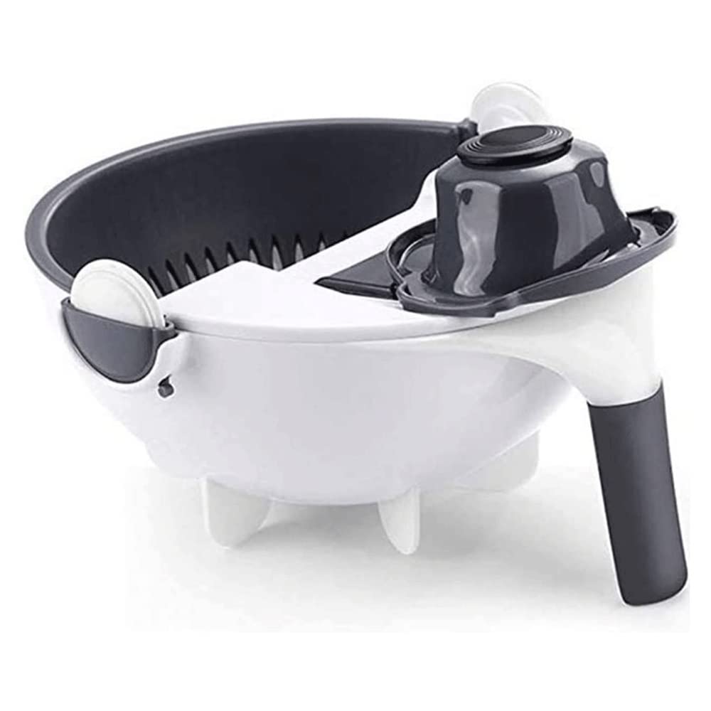 MZLXDEDIAN 9-in-1 Multifunctional Rotating Vegetable Chopper with Drain Basket - Large Capacity Food Slicer, Dicer & Grater - Includes 8 Blades for Perfect Dicing - Ideal for Meal Prep, Salad Making & Healthy Cooking