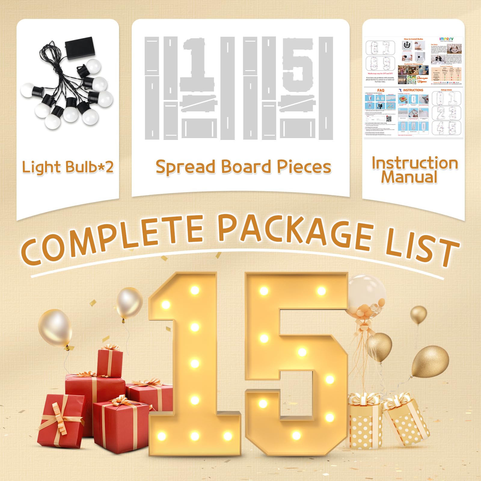 Imprsv 3FT Light Up Number 15 - Large LED Birthday Decor for 15th Anniversary Party | Girls & Boys Celebration Backdrop, Sweet 16 Prep, Quinceañera, Photo Booth Props