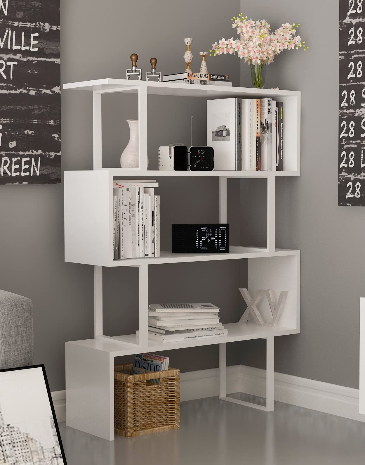 Modern Industrial 4-Shelf Bookcase - White Geometric Shelving Unit for Home & Office Decor