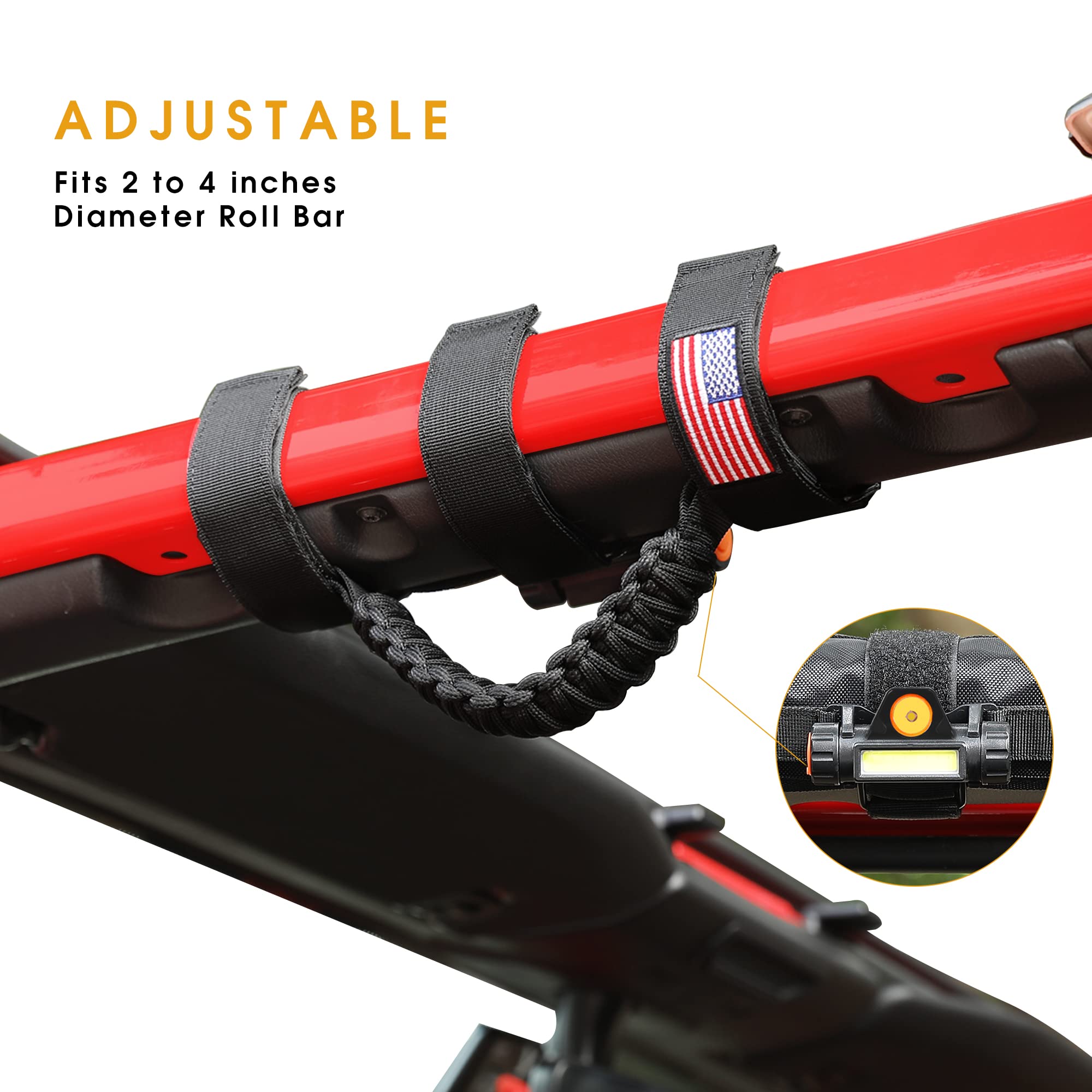 Jeep Wrangler Grab Handles with LED Light - 4 Pack Black Rechargeable Roll Bar Handles for TJ JK JL YJ Unlimited Rubicon Sahara & Gladiator JT (2/4 Door) - Perfect for Off-Roading, Camping & Nighttime Entry