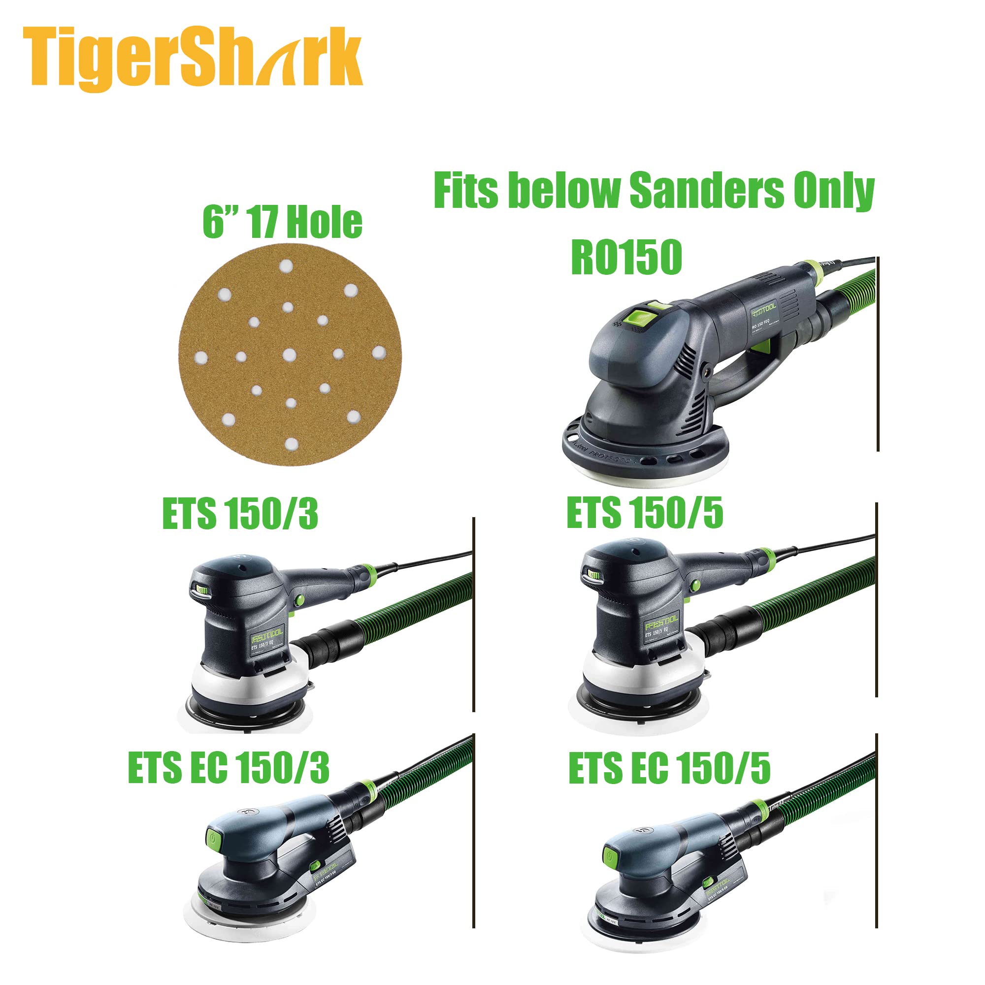 TigerShark 6 Inch 17 Hole Sanding Discs - 50pcs Assorted Grit 80/100/120/150/220 - Anti-Clog Coating Gold Line Hook & Loop for Dustless Random Orbital Sander - Perfect for Woodworking, Metal Polishing & DIY Home Projects