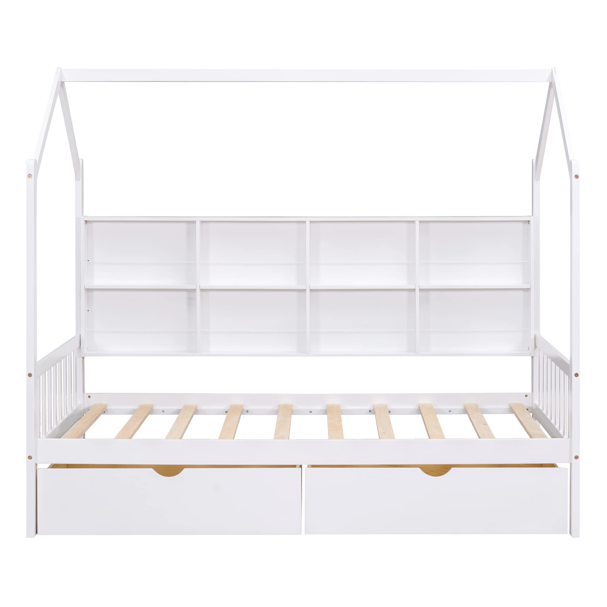 Harper & Bright Designs Solid Wood Montessori Twin House Bed for Kids - Playhouse Bed Frame with Storage Drawers & Shelves, Tent Bed for Boys Girls Teens - Perfect for Bedroom, Playroom & Montessori Learning Spaces (White)