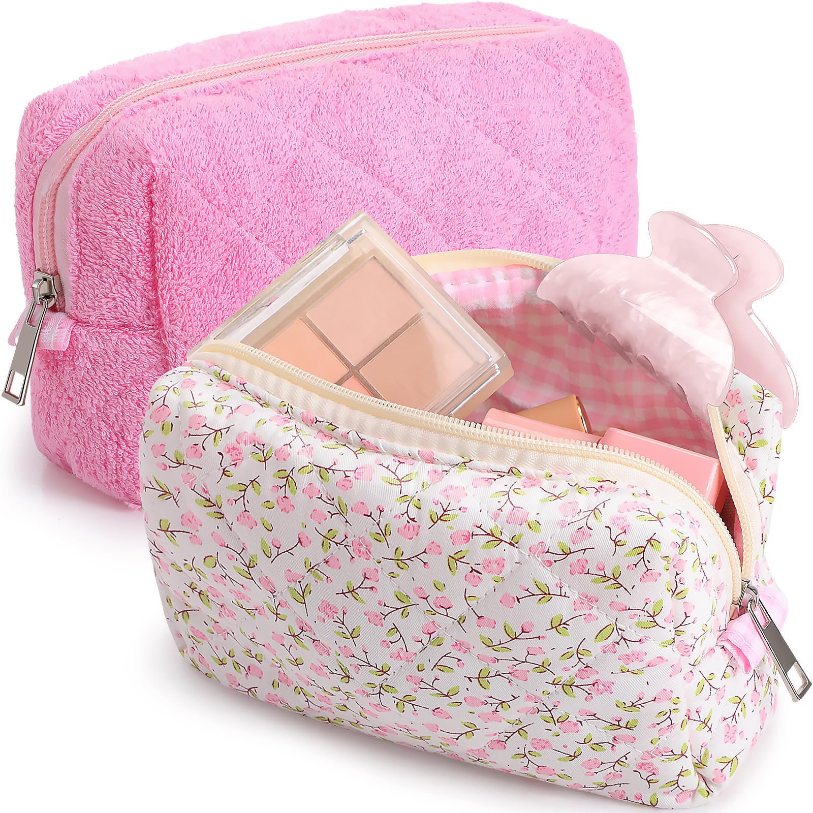 Paterr 2-Pack Cotton Quilted Makeup Bags - Floral & Checkered Plush Cosmetic Pouches with Zipper | Coquette Aesthetic Toiletry Organizer for Travel, Gym & Daily Essentials Storage