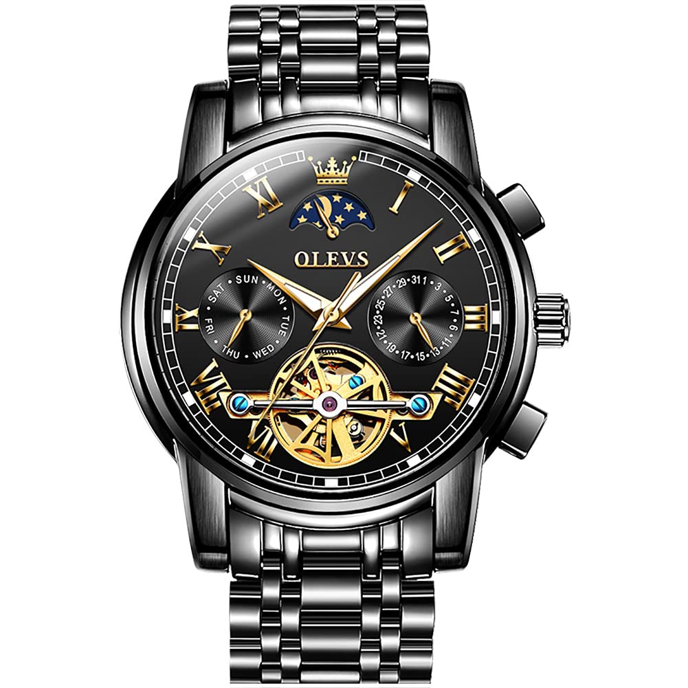 OLEVS Men's Automatic Mechanical Tourbillon Watch - Self-Winding Luxury Stainless Steel Wristwatch with Luminous Hands & Date Display - Waterproof 100M - Perfect for Business, Formal Events & Everyday Wear