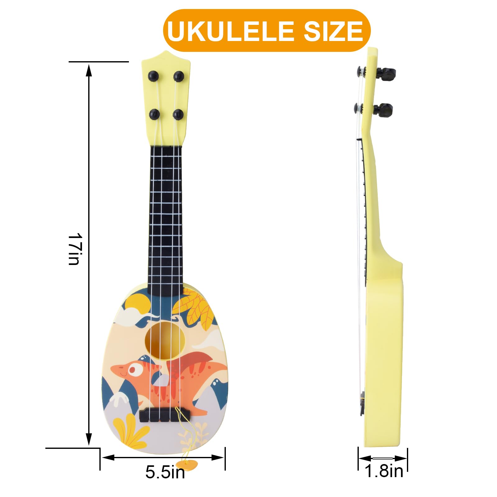 YOLOPLUS+ 17 Inch Kids Ukulele Toy with 4 Steel Strings & Pick - Early Learning Musical Instrument Gift for Preschool Children (Yellow) | Perfect for Birthday Gifts, Music Education & Toddler Playtime