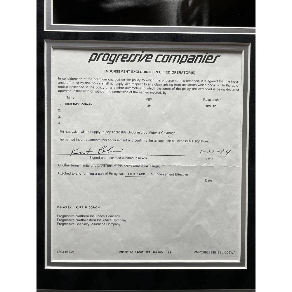 Authentic Kurt Cobain Hand Signed Car Insurance Policy Letter - Framed with JSA COA - Rare Nirvana Memorabilia for Collectors & Music Fans - Perfect for Display in Home, Office, or Music Room Decor