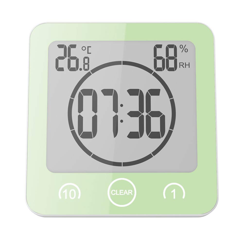 Waterproof Digital Shower Wall Clock with Alarm - Touch Screen Kitchen Timer, Temperature & Humidity Display, Suction Cup & Hanging Hole (Green) - Perfect for Bathroom, Kitchen & Gym Use