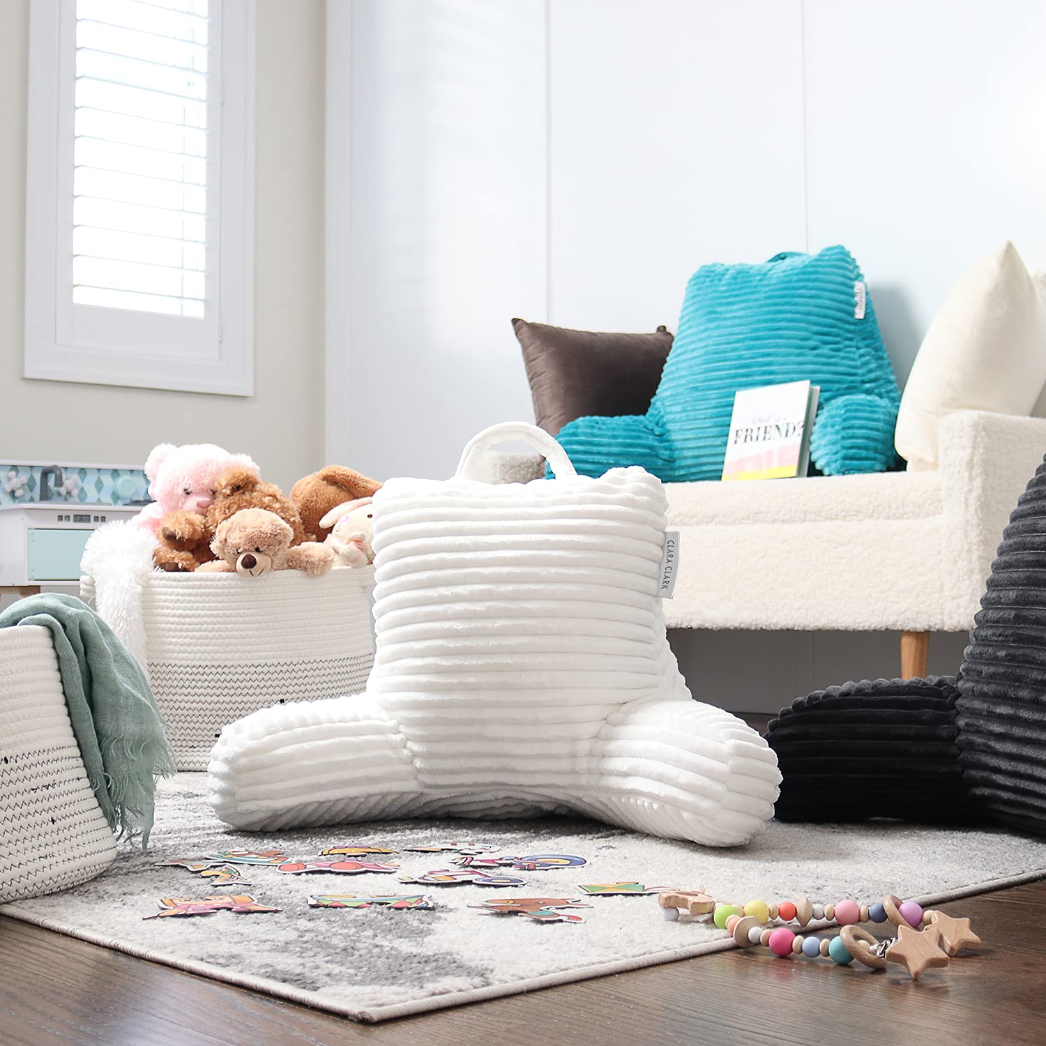 **Clara Clark Kids Reading Pillow – Plush Back Support Pillow for Sitting in Bed, Shredded Foam Bed Chair with Arms & Pockets – Perfect for Reading, Gaming & Relaxing (White)**
