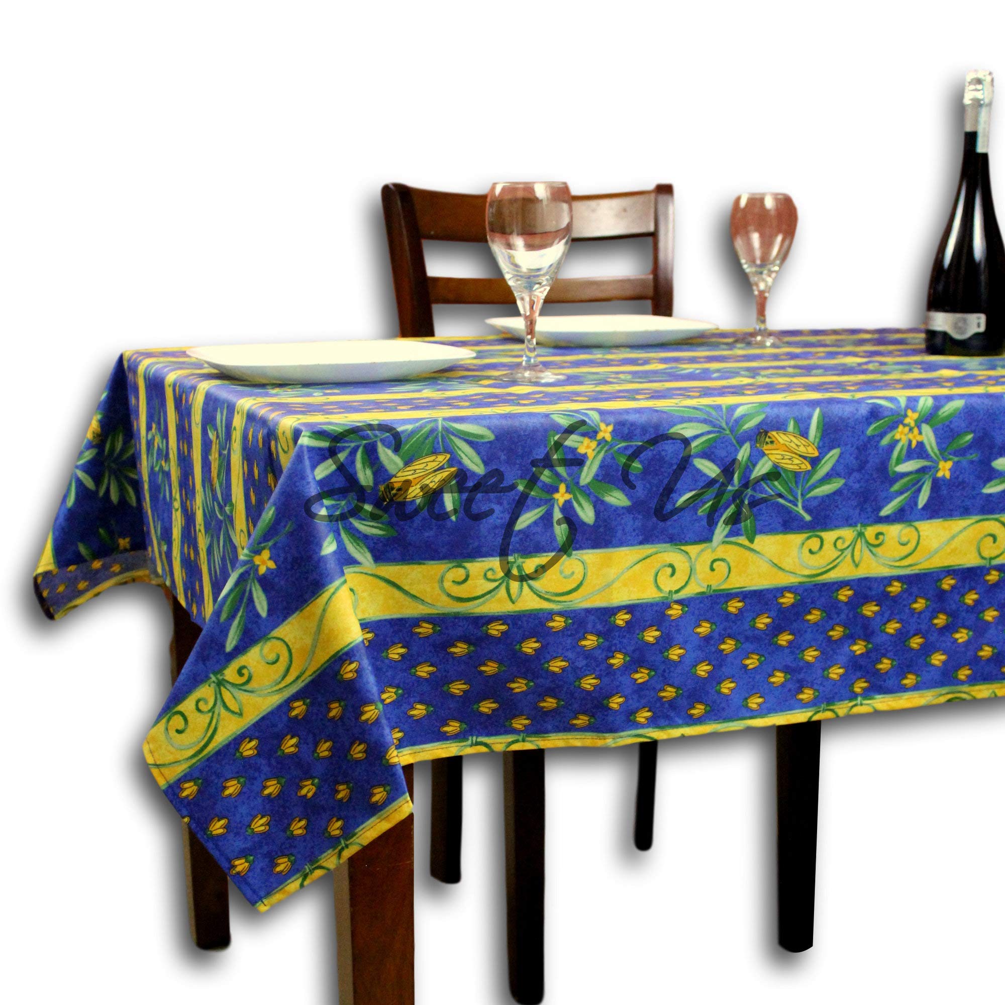 La Cigale Royal Bee Spill-Resistant Wipeable Tablecloth - Floral French Provencal Cotton with Acrylic Coating, 60 x 78 Inch Rectangle Table Cover for Indoor & Outdoor Use | Perfect for Dining Rooms, Patios, Picnics & Special Events (Blue)
