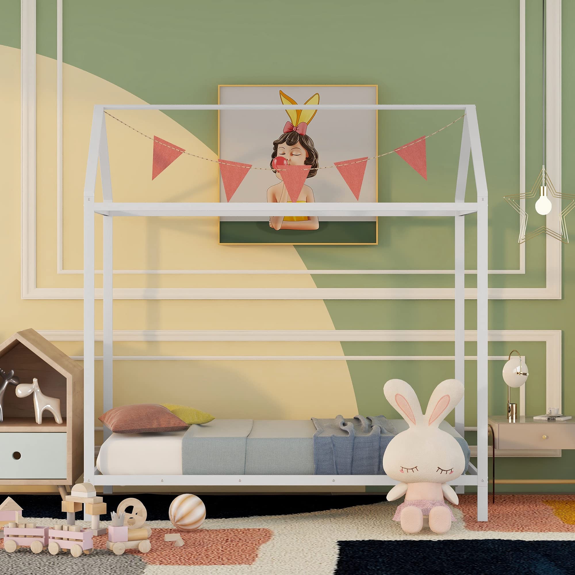 Montessori Twin House Bed Frame - White Metal Floor Bed for Toddlers, Kids, Boys & Girls | Safe & Sturdy Toddler Bed for Bedroom, Playroom & Montessori Learning Spaces