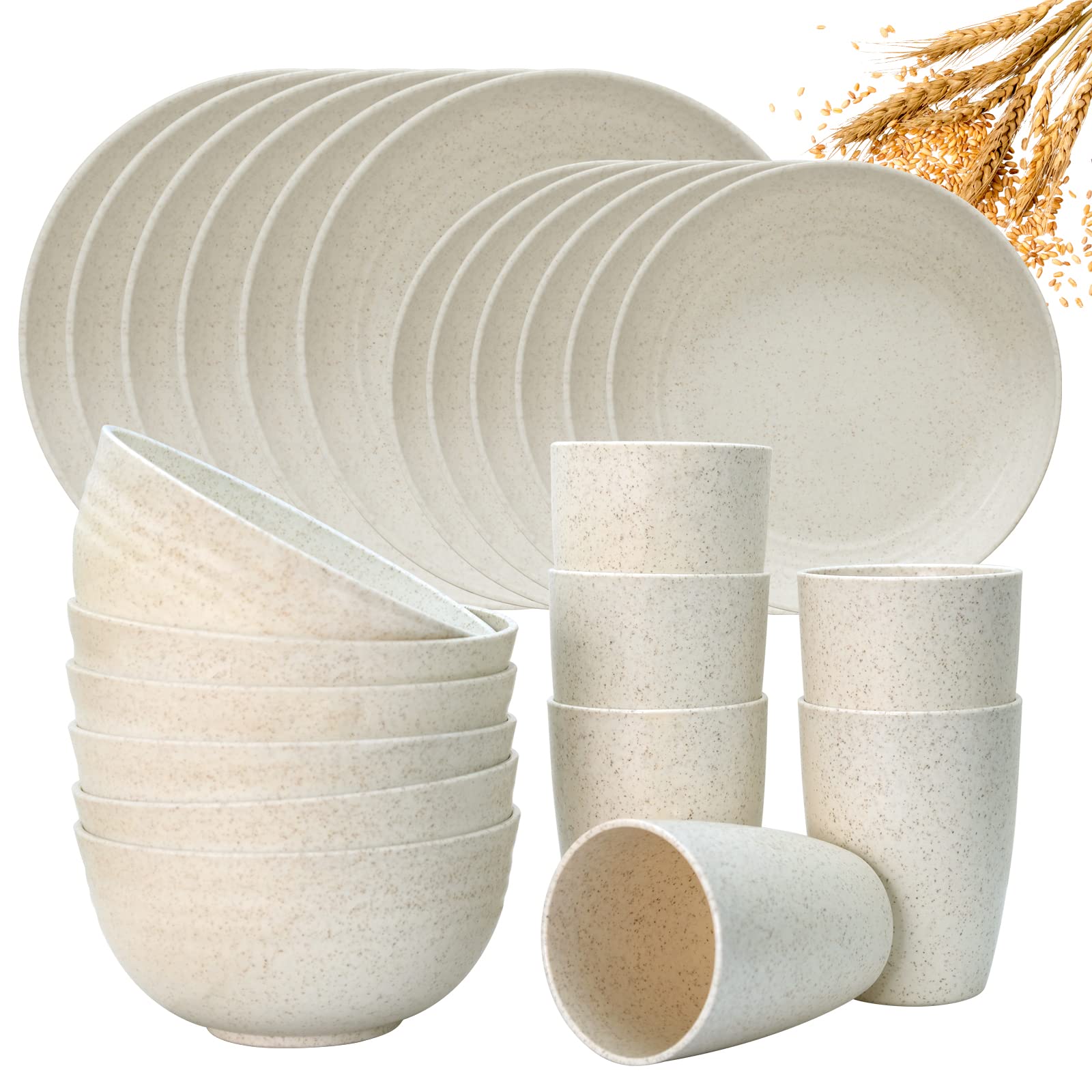 Eco-Friendly Wheat Straw Dinnerware Set for 6 - 24PCS Lightweight Unbreakable Plates, Bowls & Cups | Microwave & Dishwasher Safe | Perfect for Camping, RV, Picnic, Kitchen | Ideal for Kids & Adults | Durable Outdoor & Indoor Dining Solution
