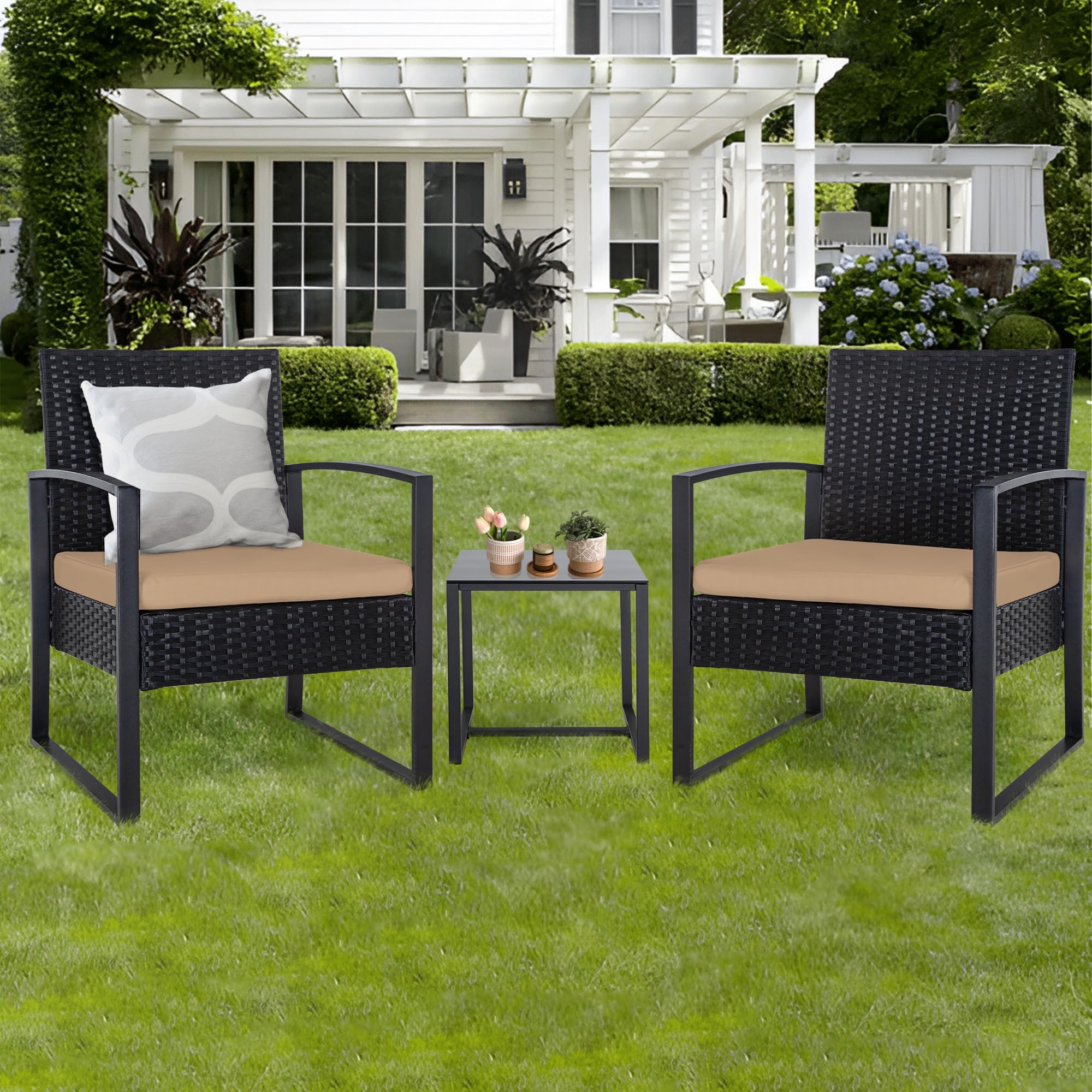HYDRAGARDEN 3-Piece Outdoor Patio Furniture Set - Black Wicker & Brown Cushion Bistro Conversation Set with Glass Table, Weather-Resistant Rattan Chairs for Garden, Porch, Balcony, Backyard - Perfect for Relaxing, Entertaining Guests, and Outdoor Dining