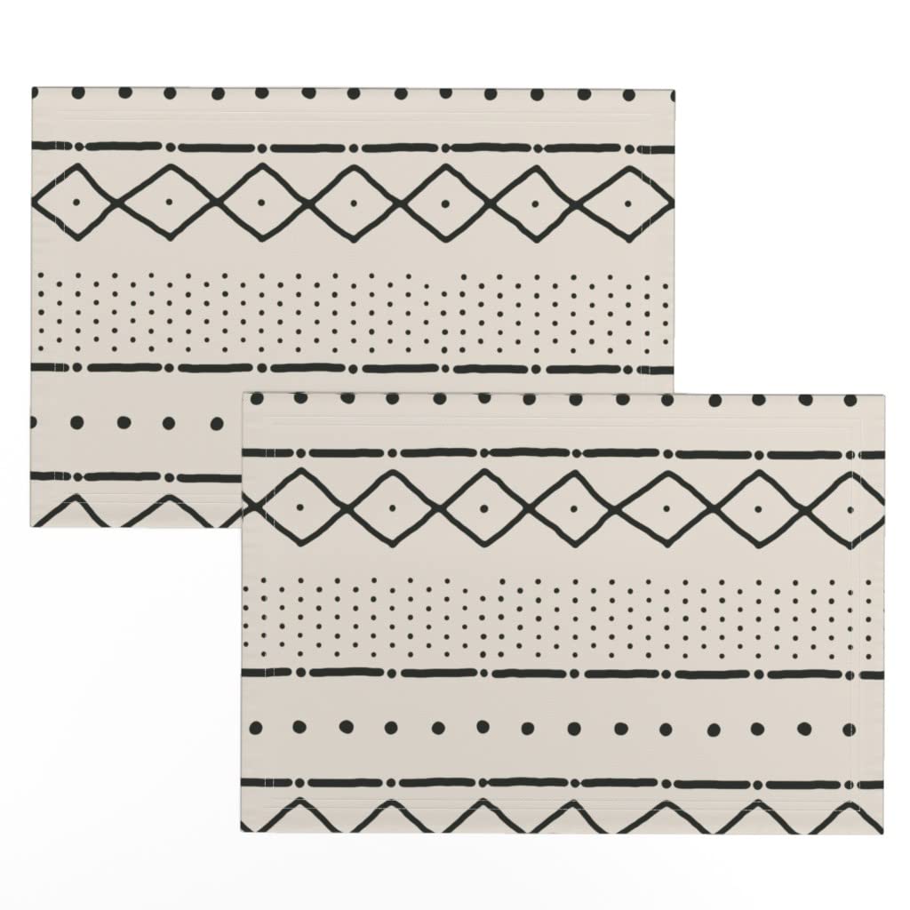 Boho Mudcloth Print Linen Cotton Canvas Placemats Set of 2 - Black Bone Ivory Beige Africa Inspired Table Mats for Dining, Kitchen Decor & Party Table Setting
