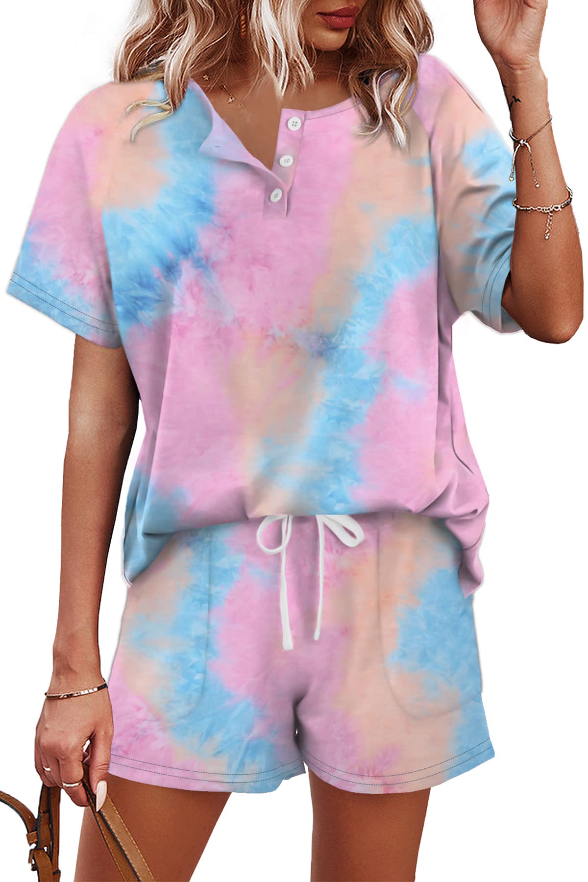 WIHOLL Women's 2-Piece Lounge Set - Button Down Top & Shorts with Pockets | Comfortable Sweatsuit for Home, Yoga & Casual Outings