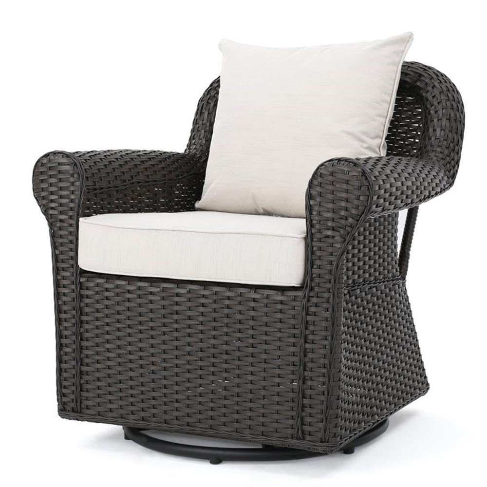 Noble House Amaya Dark Brown Wicker Swivel Rocking Chair with Beige Cushions - Outdoor Patio Furniture for Garden, Porch, and Poolside Relaxation
