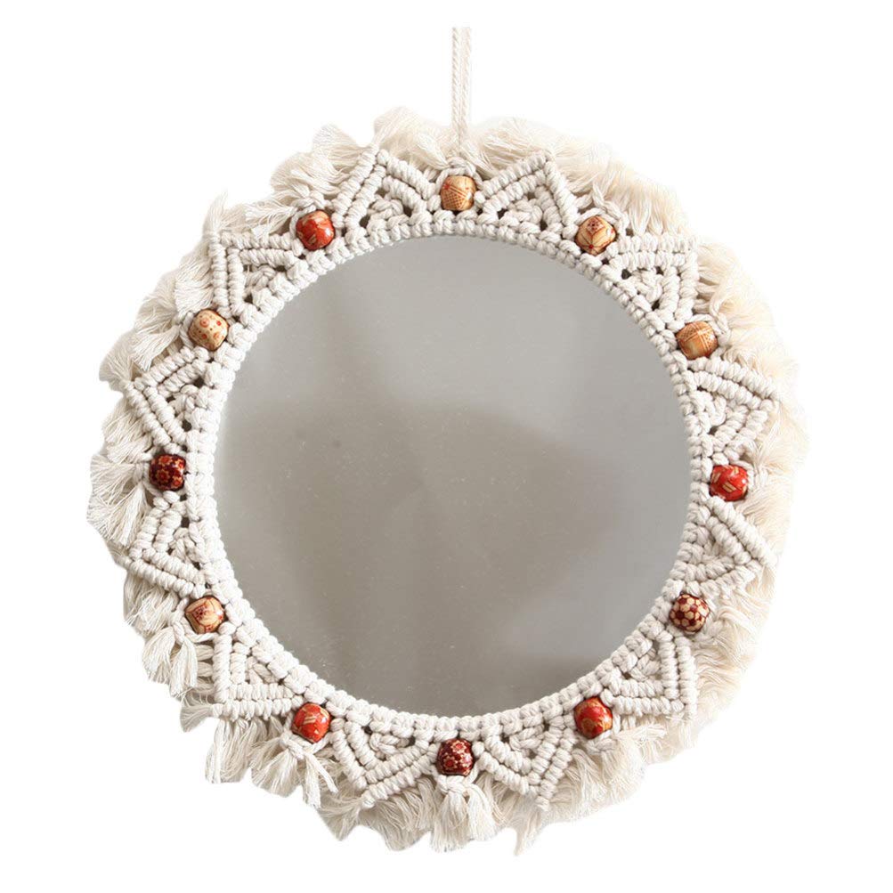 Garneck 1pc Macrame Hanging Wall Mirror - Handmade Boho Decorative Mirror for Bedroom, Bathroom & Vanity - Perfect for Makeup, Home Decor and Bohemian Style Interior Design