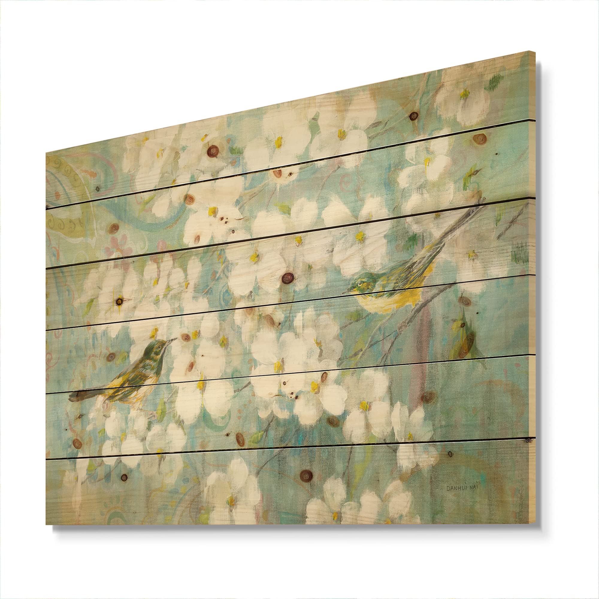 Birds On Blossom Traditional Wood Wall Decor - Blue Wooden Wall Art Panel with Large Animal Prints on Natural Pine Wood - Perfect for Living Room, Bedroom & Home Office Decor