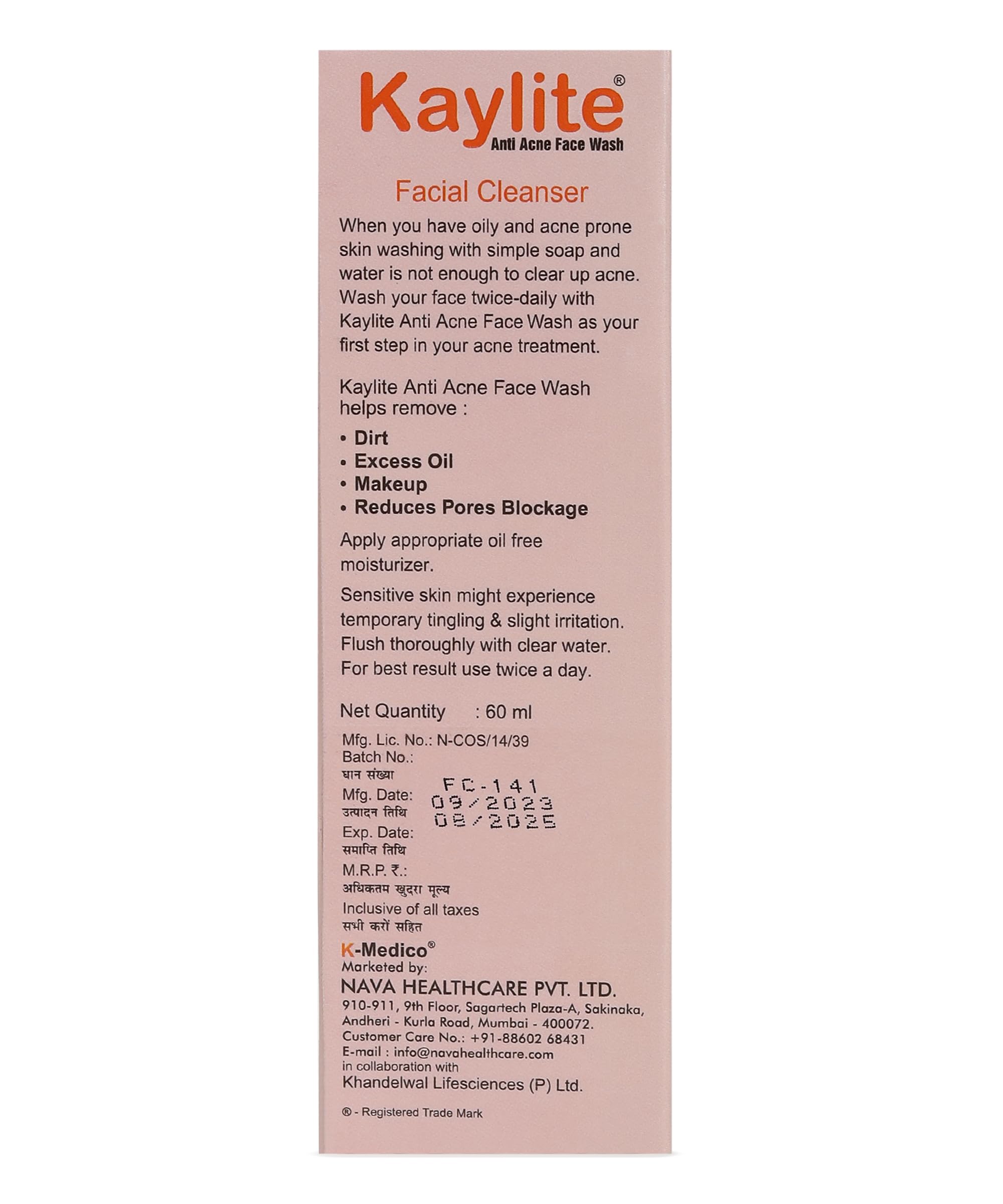 Kaylite Facial Cleanser - Oil Free Anti Acne Face Wash with Salicylic Acid & Vitamin E-Acetate Gel for Women & Men (2 Pack, 120ml) | Gentle Daily Cleansing for Oily & Acne-Prone Skin