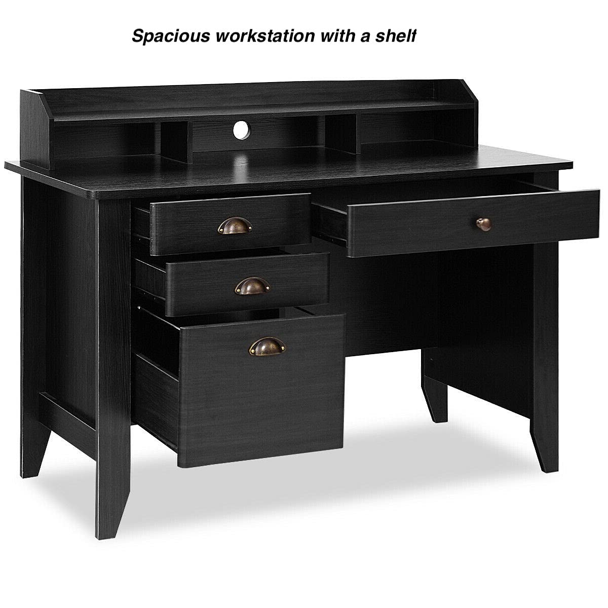 Black Modern Home Office Computer Desk with 4 Drawers - Spacious Workstation with Desktop Shelf - Ergonomic Writing Table for Laptop, Study & Work - Perfect for Small Spaces, Remote Work & Online Classes