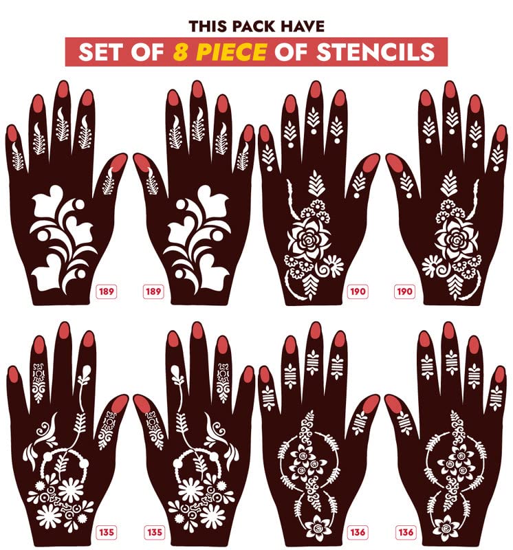 Apacute Henna Stencil Stickers Full Hand Design - Set of 8 Pieces for Both Hands - Easy to Apply Temporary Tattoo Kit for Girls, Women & Kids - Beautiful Mehndi Patterns for Weddings, Festivals & Special Occasions
