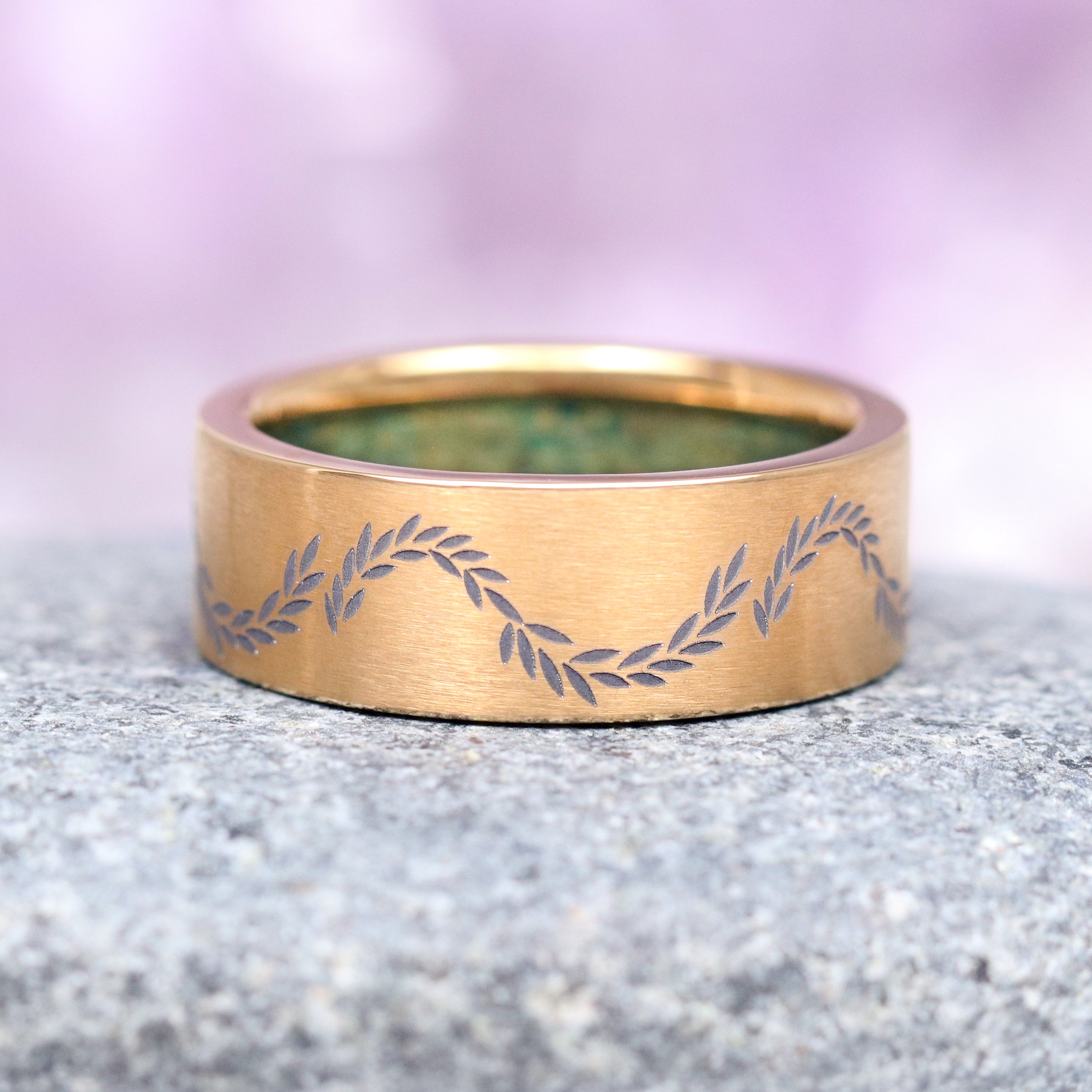 Green Moss Agate Leaf Wedding Band Ring - 8mm Yellow Gold Titanium for Women - Nature-Inspired Jewelry for Brides, Engagement, Anniversary & Boho Style