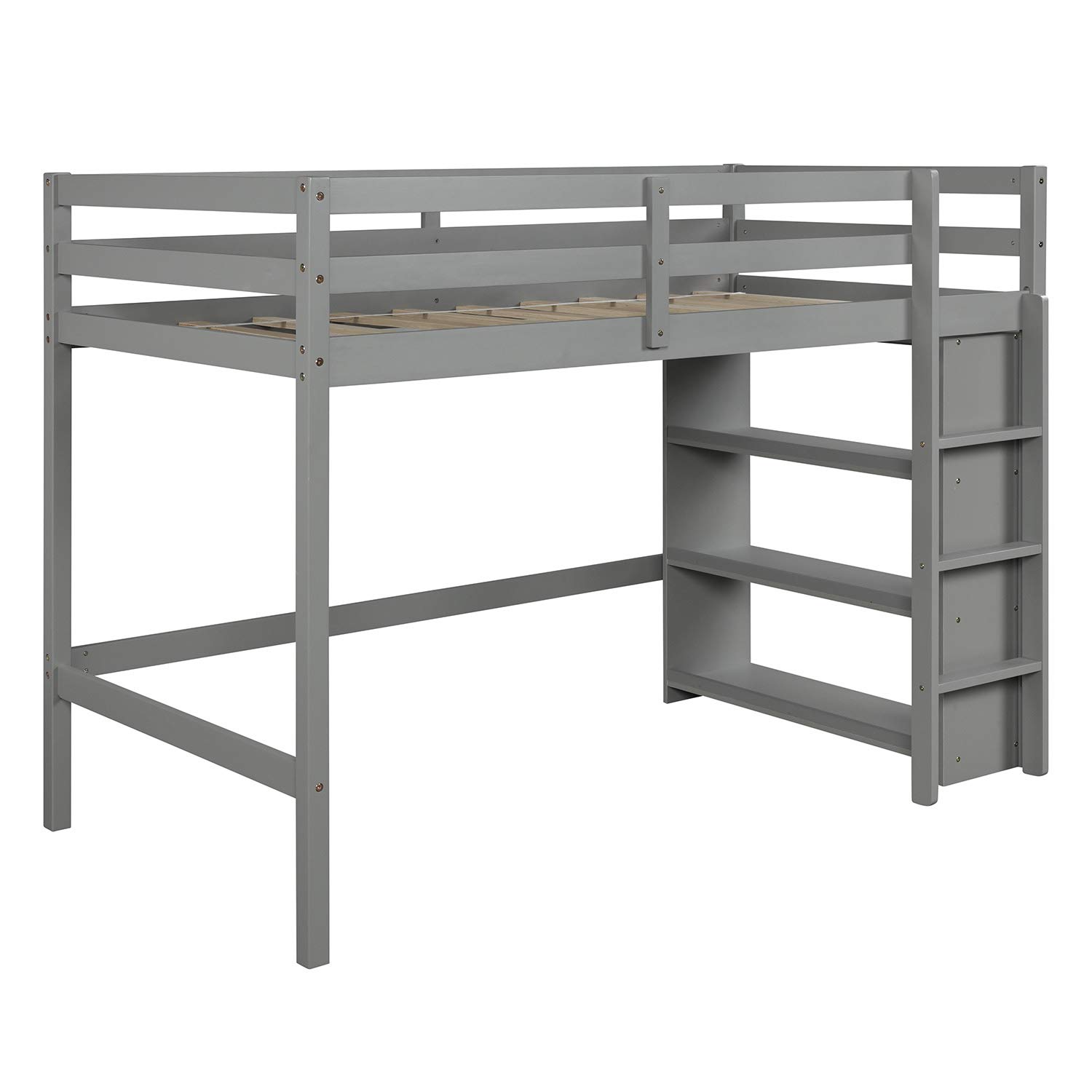 Solid Wood Twin Over Twin L-Shaped Bunk Bed with Shelves & Ladder - Convertible to Loft Bed & Twin Platform Bed, No Box Spring Needed (Grey & Pinewood) - Perfect for Kids' Bedrooms, Guest Rooms & Small Spaces