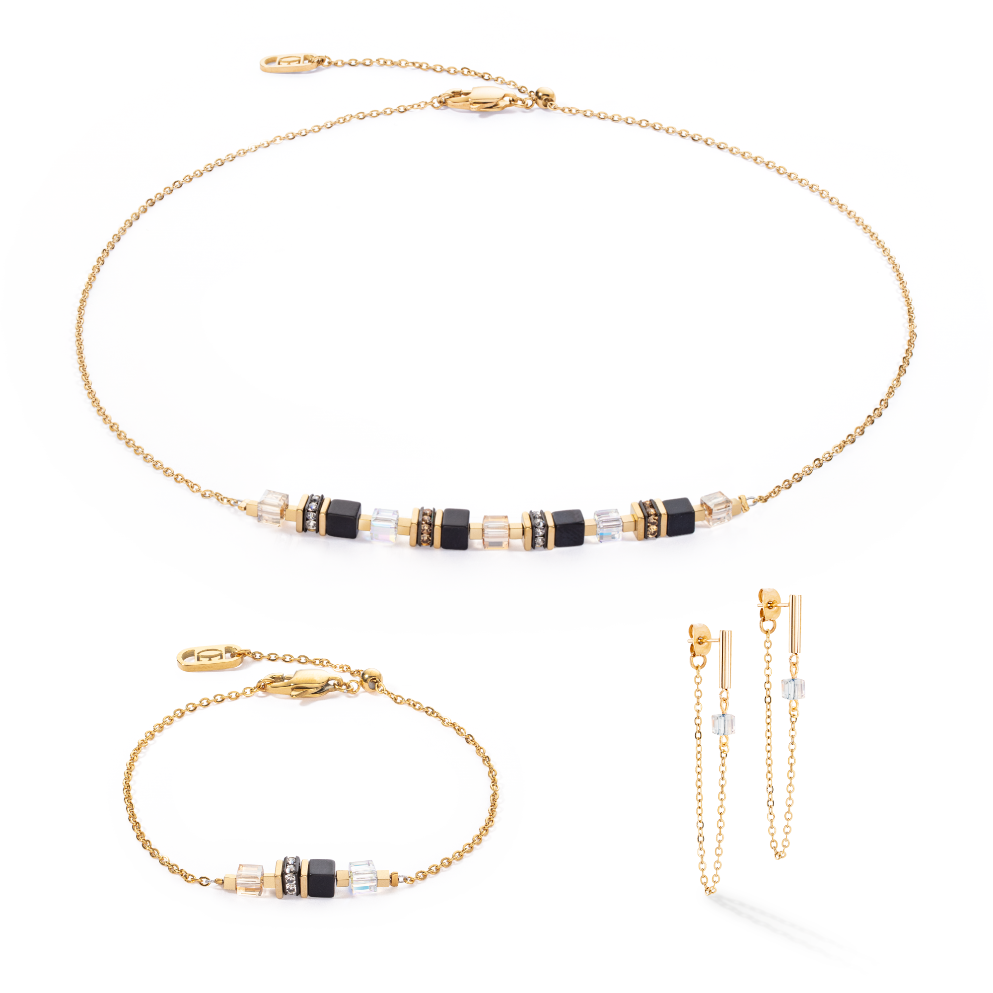 Mini Cube & Chain Gold Black Earrings for Women - Trendy Geometric Dangle Earrings for Party, Wedding & Everyday Wear