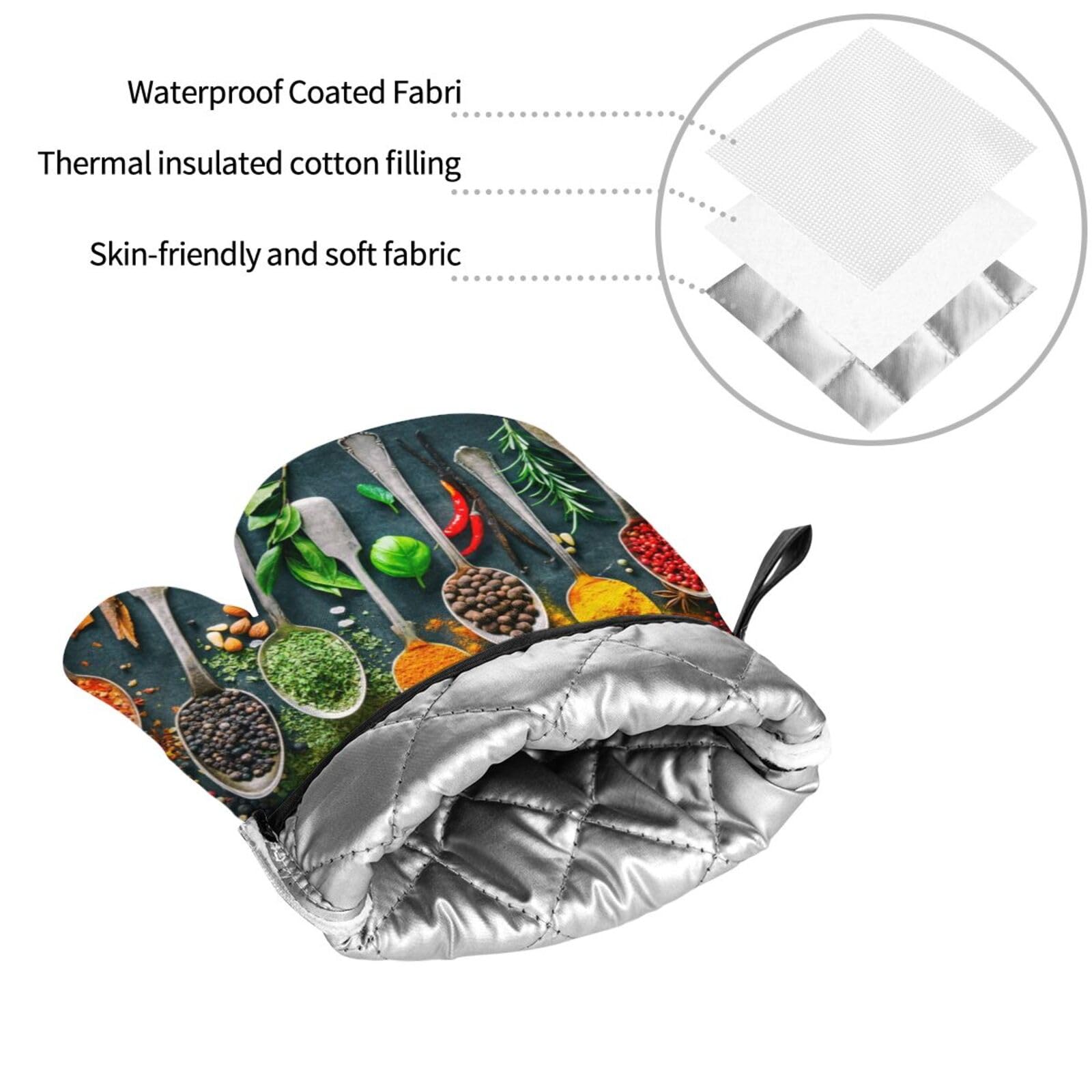Heat-Resistant Oven Mitts and Pot Holders Set (500°F) - 4-Pack Kitchen Gloves for Baking, Cooking, BBQ & Grilling - Non-Slip, Surface-Safe Condiment & Spice Print Design