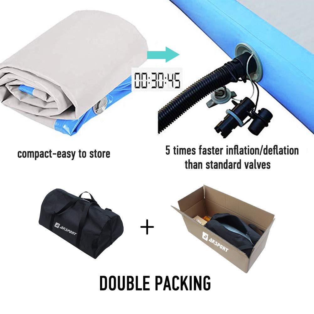 AKSPORT Inflatable Gymnastics Air Mat - Tumble Track & Tumbling Floor Mat with Air Pump for Home, Gym, Training | Perfect for Cheerleading, Parkour, Beach, Park & Water Activities | Portable Exercise Mat for Indoor & Outdoor Sports