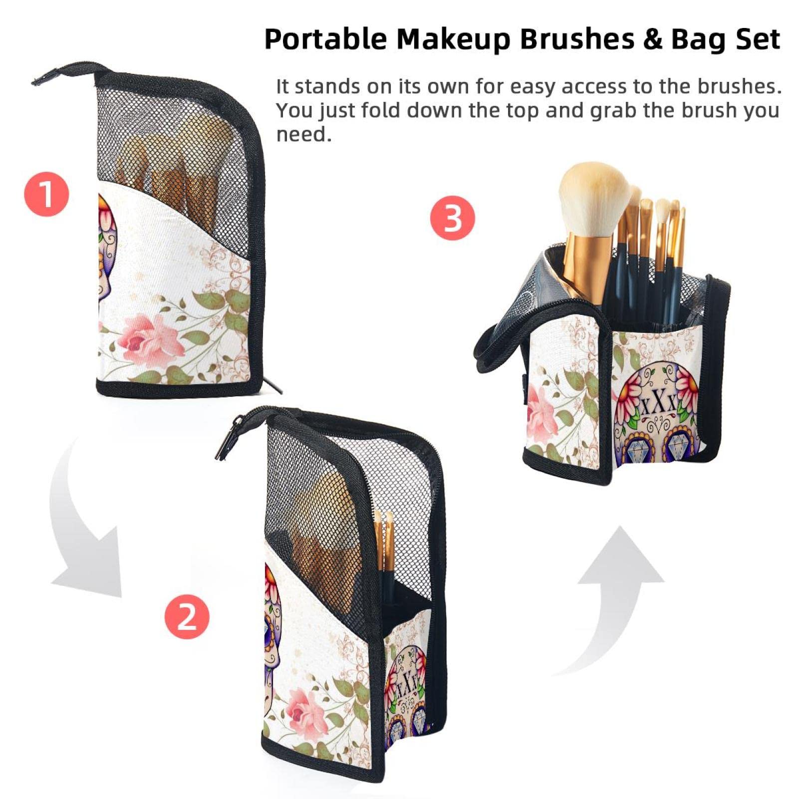 Floral Skulls & Flowers Makeup Brush Organizer Bag with 12 Brush Holder Pockets - Portable Travel Cosmetic Brush Case for Professional Makeup Artists & Beauty Enthusiasts - Perfect for Home, Travel & Salon Use