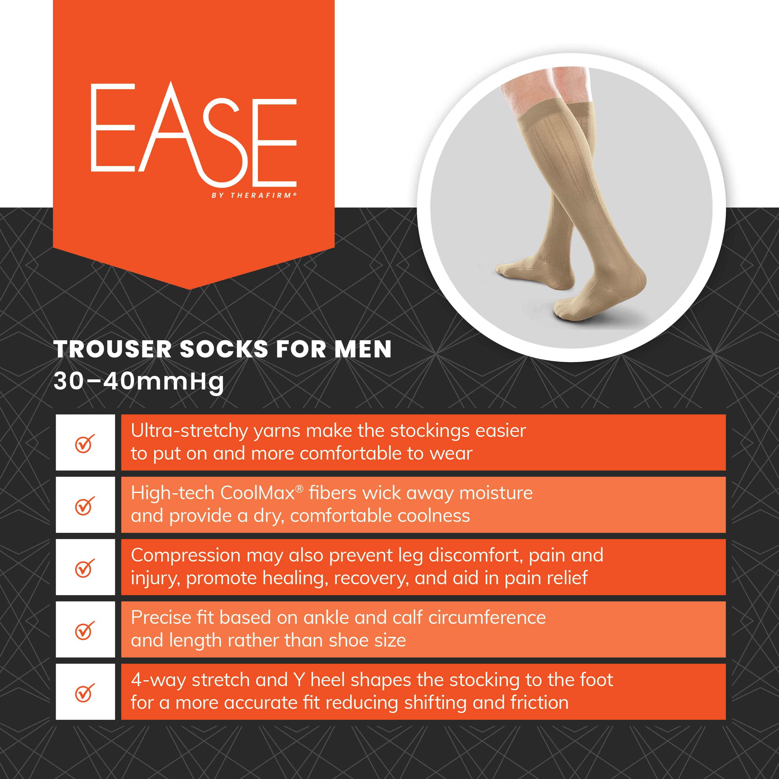 Ease Opaque Men's Compression Socks 30-40mmHg - Firm Support for Circulation & Comfort - Perfect for Work, Travel & Sports