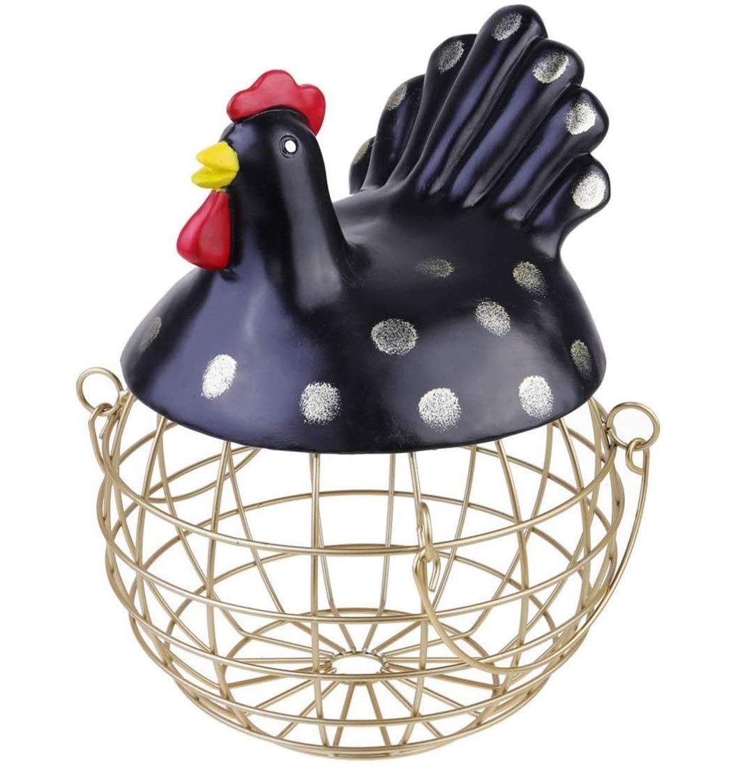 Metal Wire Egg Storage Basket with Ceramic Chicken Top Handles - Kitchen Organizer for Eggs, Fruits & Snacks | Rustic Farmhouse Decor for Countertop, Pantry & Dining Table