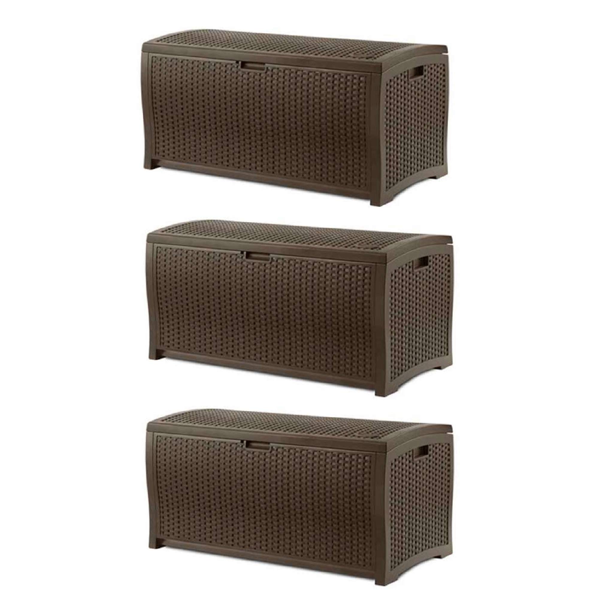 Suncast 73 Gallon Waterproof Resin Wicker Outdoor Patio Storage Deck Box - 3 Pack Set for Cushions, Pool Toys & Garden Tools | Weatherproof Deck Storage Solution for Backyard, Porch & Poolside