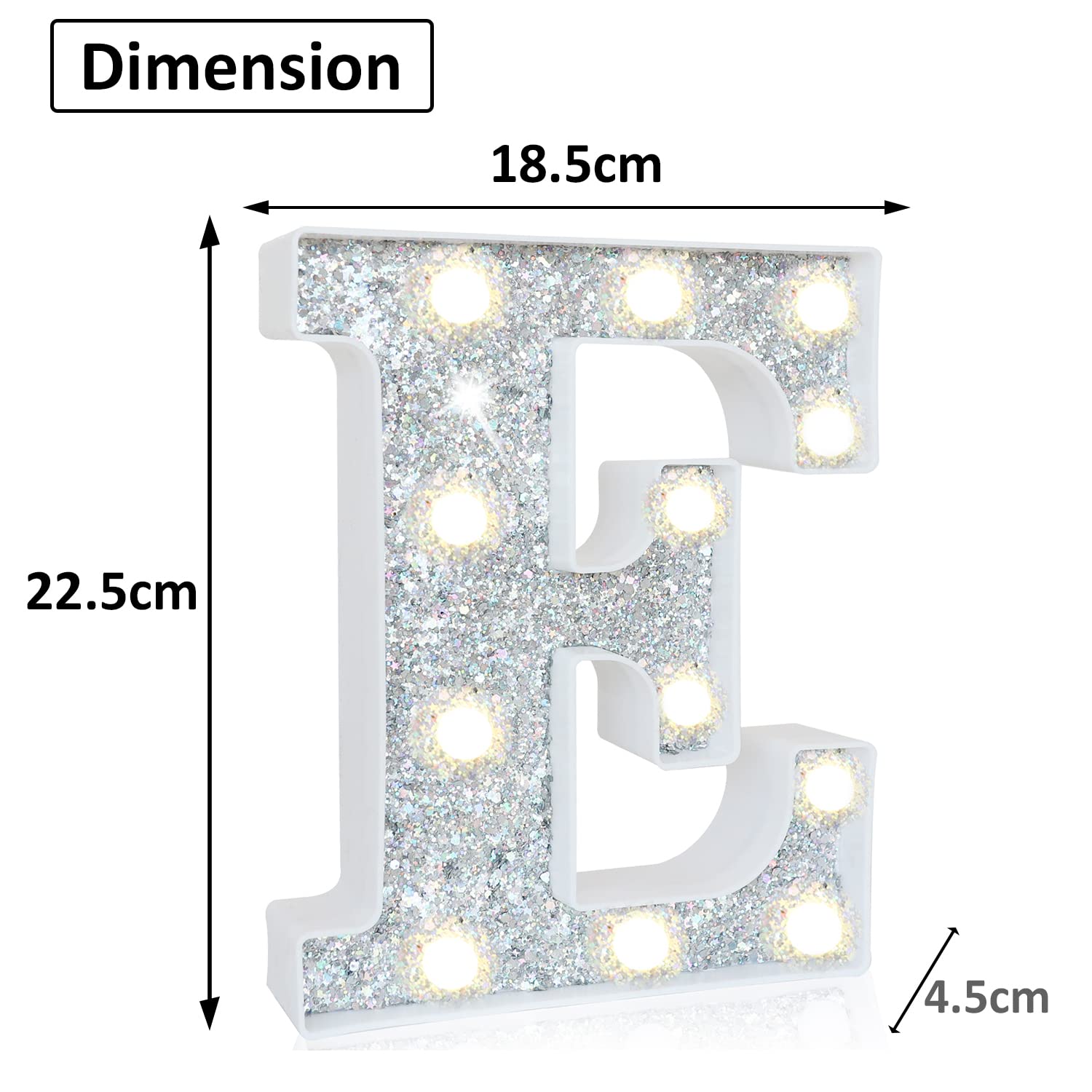 Pooqla LED Marquee Letter E - Silver Glitter Alphabet Light Up Sign, Battery Powered for Night Light, Birthday Party, Wedding, Home Bar & Christmas Decorations - Perfect Gift for Girls & Women
