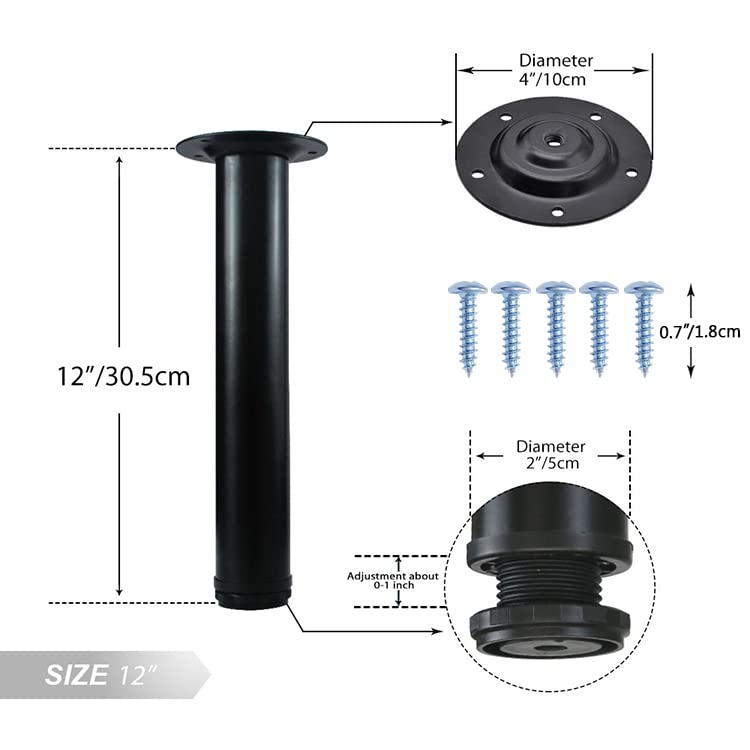QLLY 12 Inch Adjustable Metal Table Legs - Heavy Duty Black Furniture Legs Set of 4 for Coffee Tables, End Tables & DIY Projects - Perfect for Home Office, Living Room & Modern Decor
